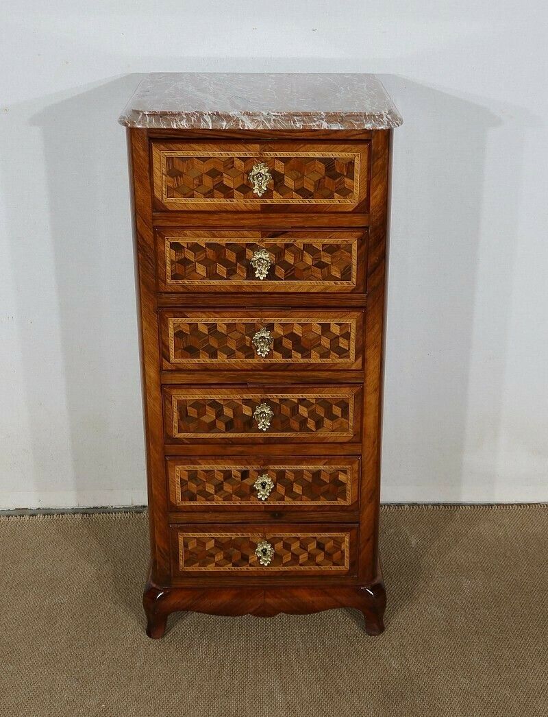 Small Chest Of Drawers In Precious Wood Marquetry, Napoleon III Period – Mid 19th Century