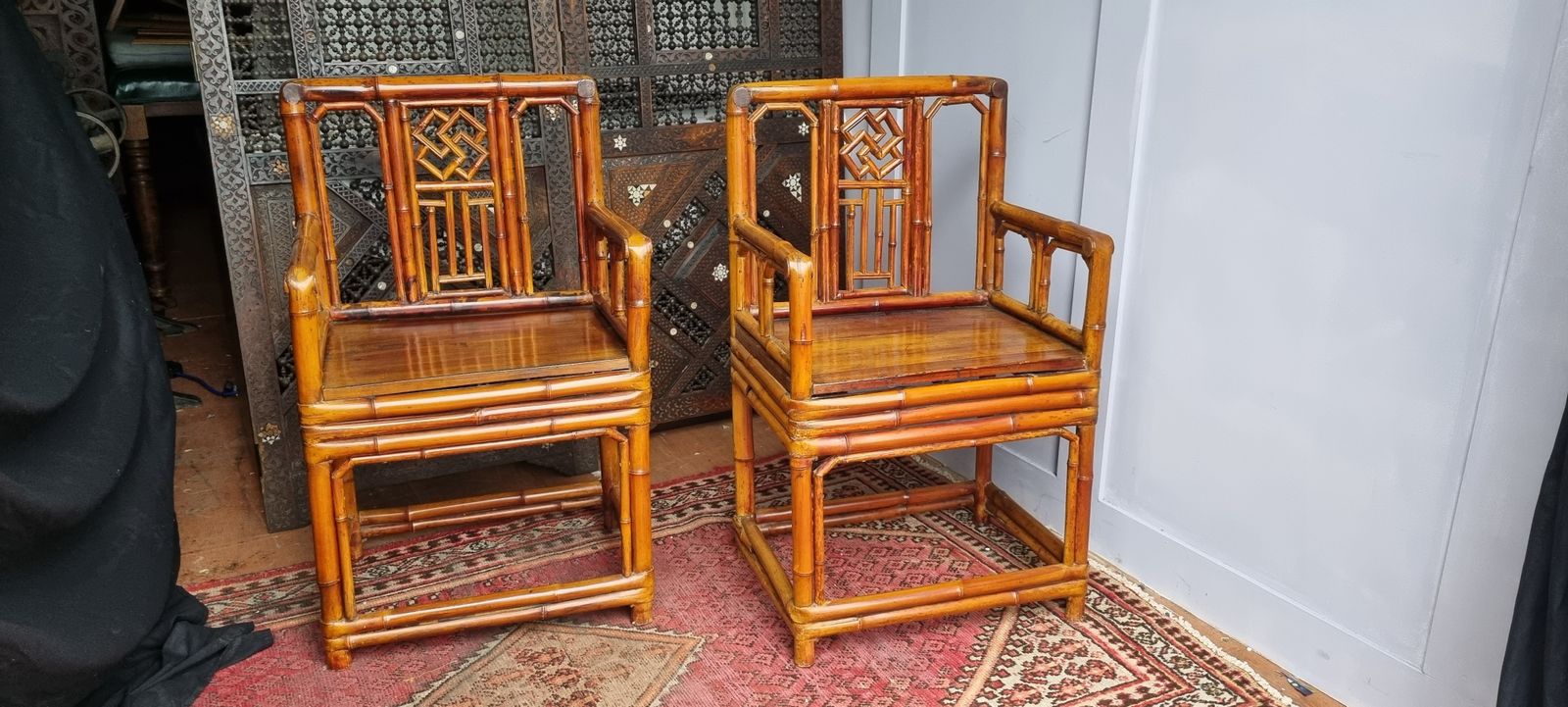 Furniture 19th Century Chinese Bamboo Brighton Pavillion Chairs And Side Table photo