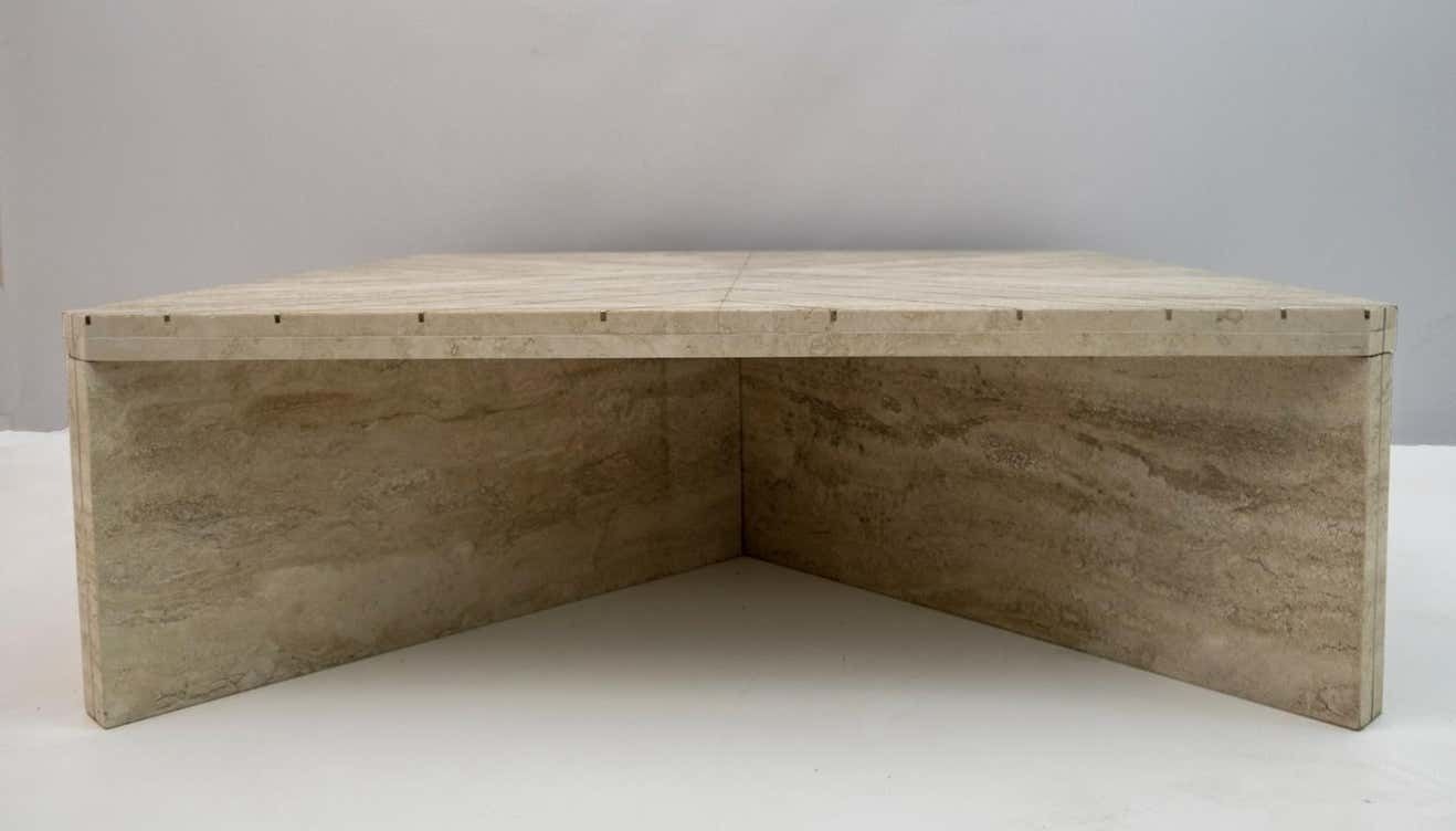 Willy Rizzo Mid Century Italian Travertine Coffee Table With Brass Inlays, 1970s photo buy