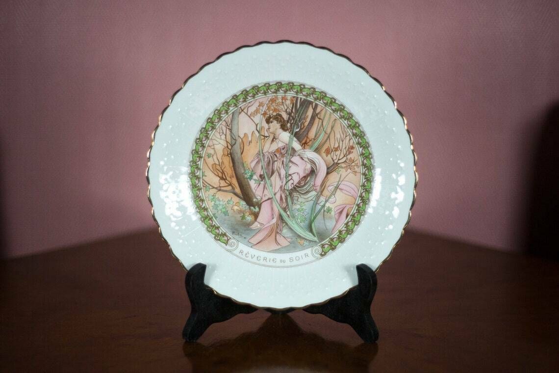 Limoges Porcelain Plate Mucha Reverie Du Soir By P.Marquet & Fils, Collection, Micha Daytime Hours, Art Nouveau, 70's