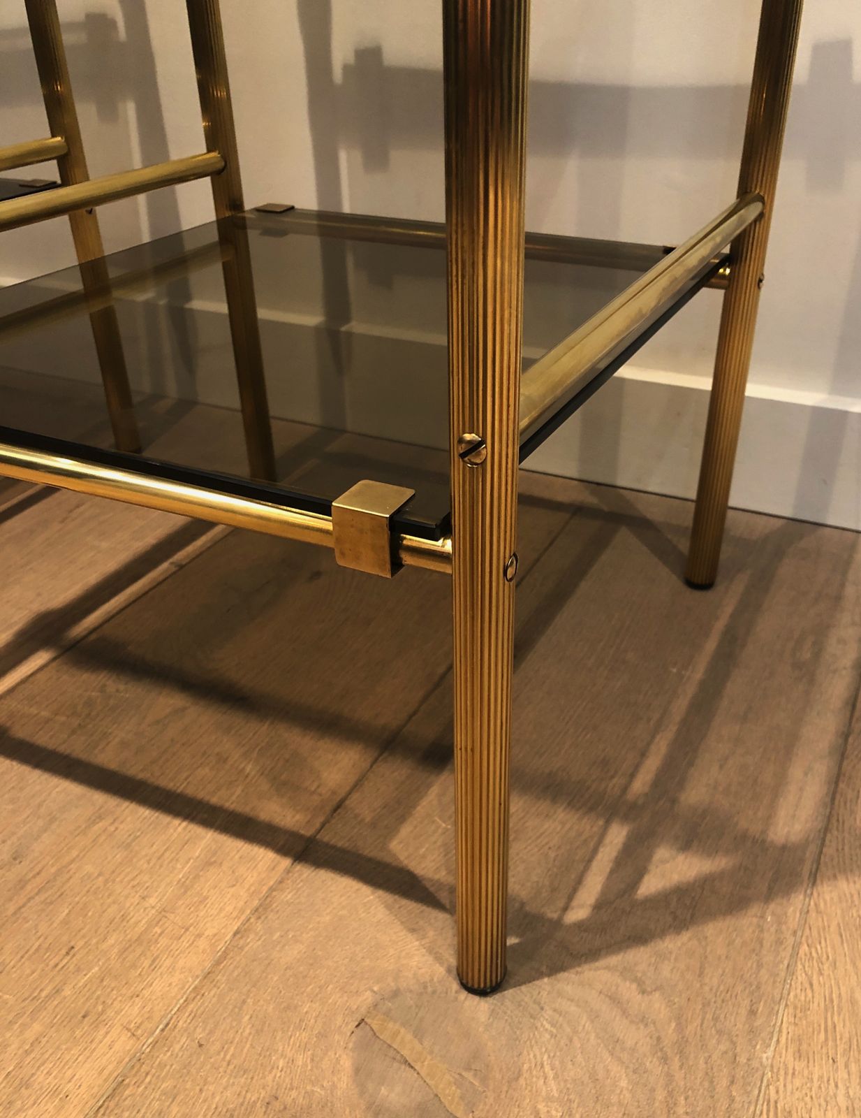 Pair Of Side Tables In Brass And Trays Of Smoked Glasses In The Style Of Maison Baguès photo buy