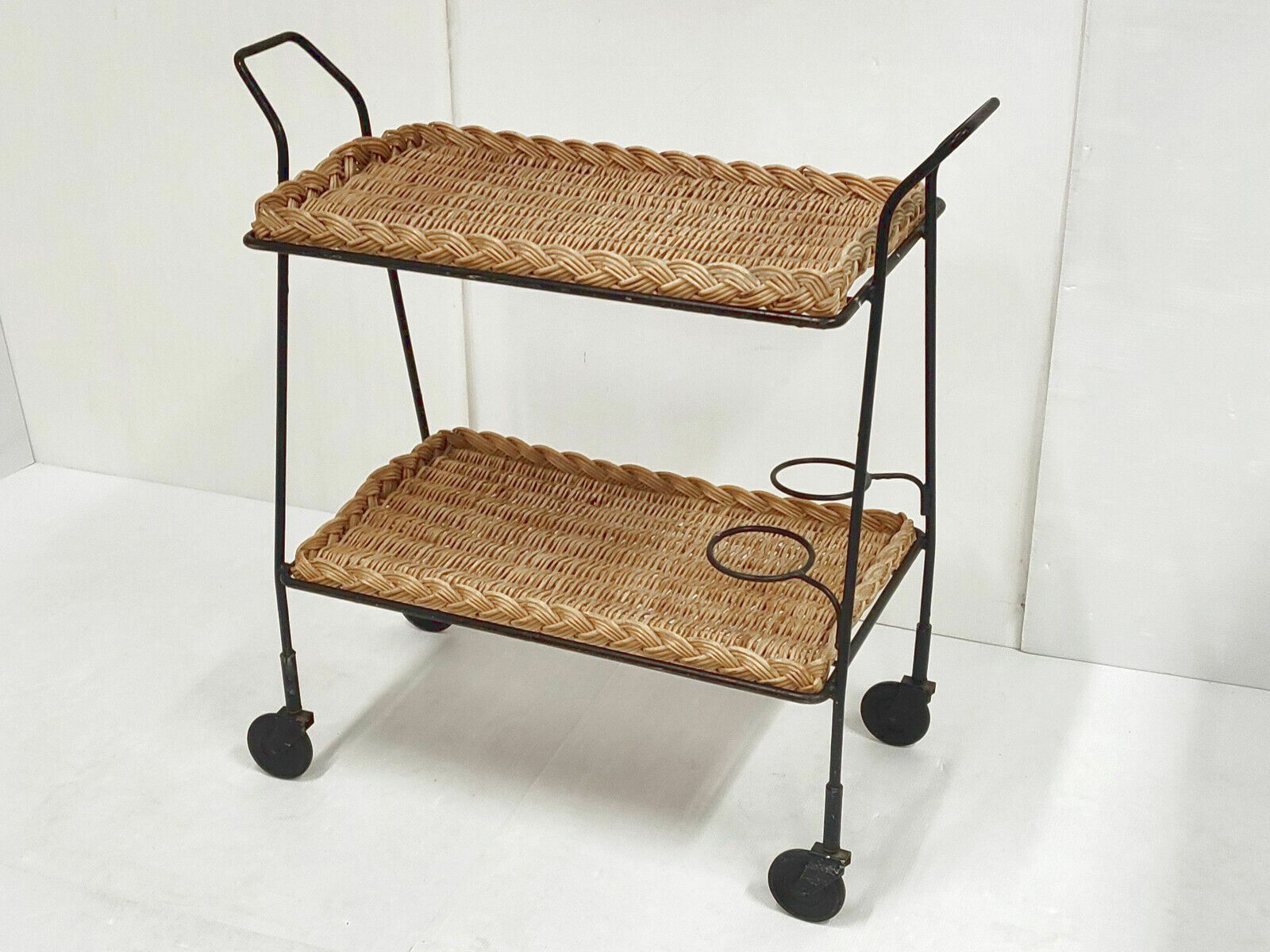 Rolling Bar Vintage 1960 In Rattan & Steel 60s 1960s 60s photo furniture
