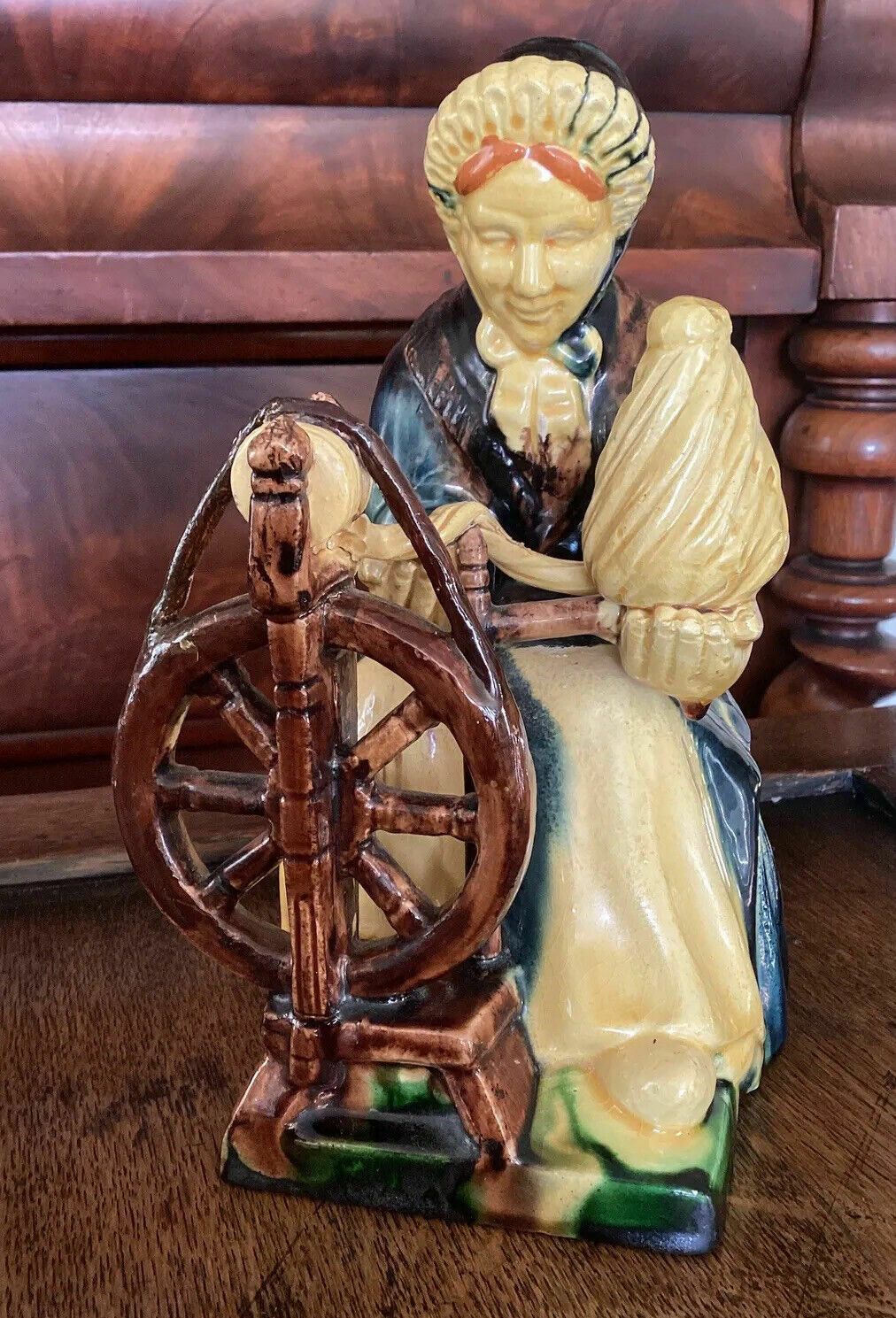 Early 20th C Continental Bisque Pottery Figurine. Dutch Woman Spinning Yarn photo furniture