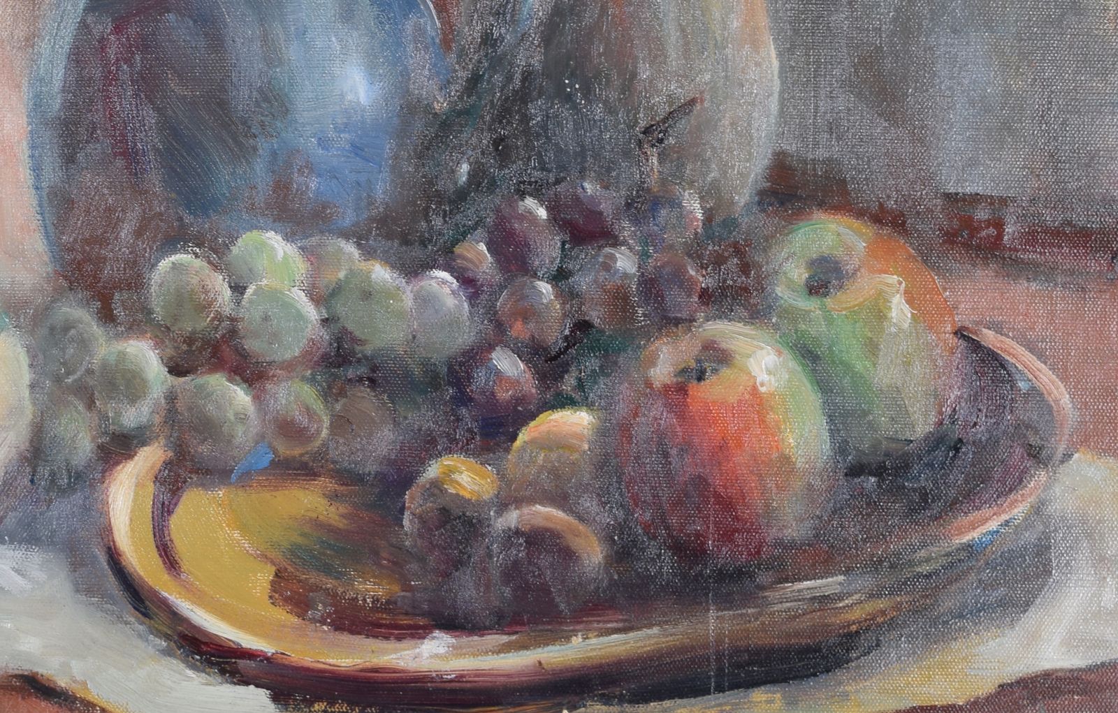 Still Life With Fruit And Jug Mid 20th Century Oil Painting By Angela Stones photo for sale