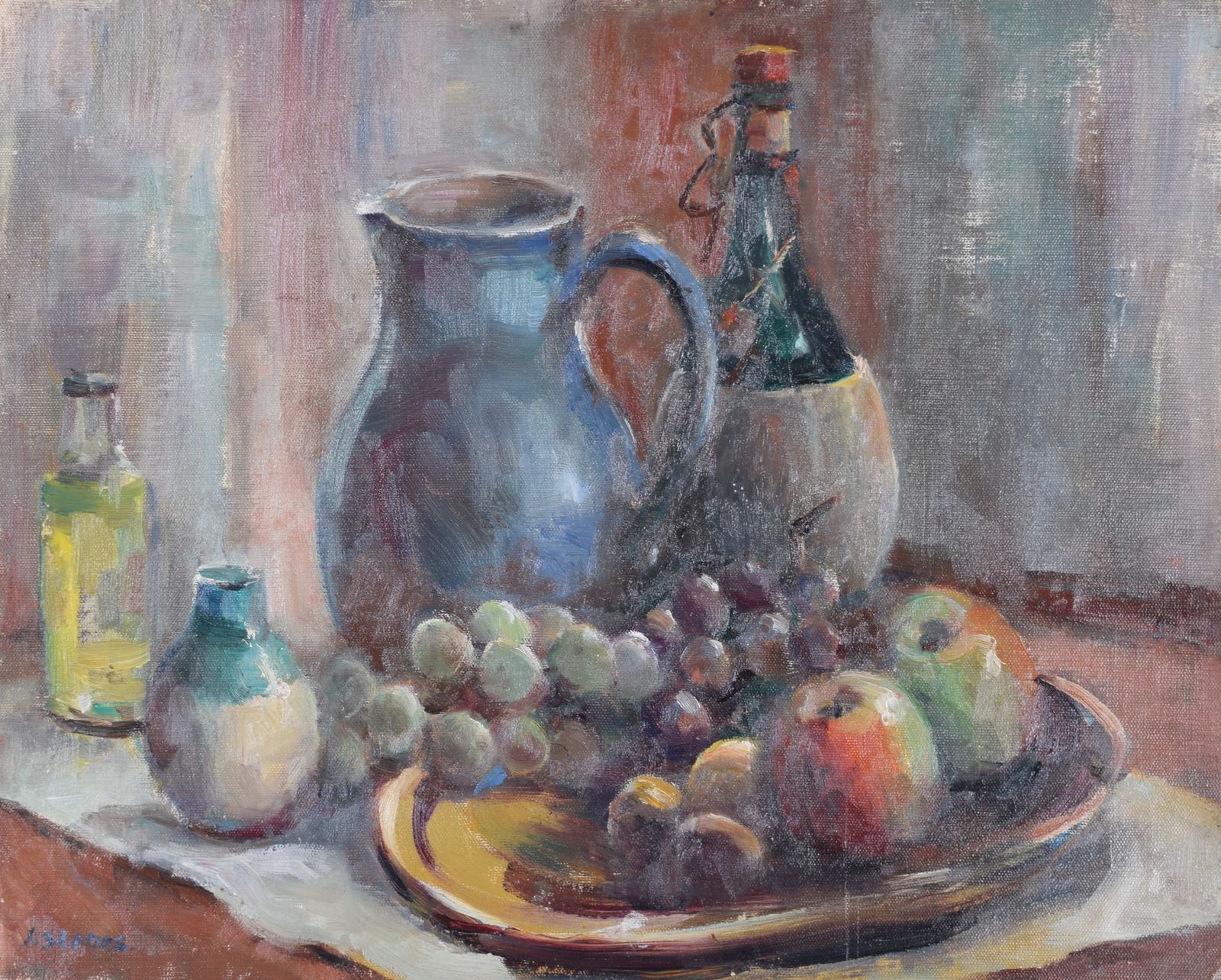 Still Life With Fruit And Jug Mid 20th Century Oil Painting By Angela Stones photo vinterior