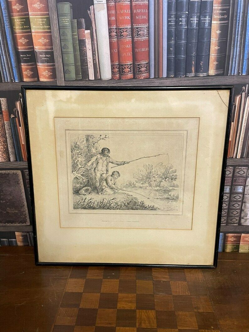 George Morland Ultra Rare Soft Etching Two Boys Fishing Published By John P Thompson From Morland Sketch Book
