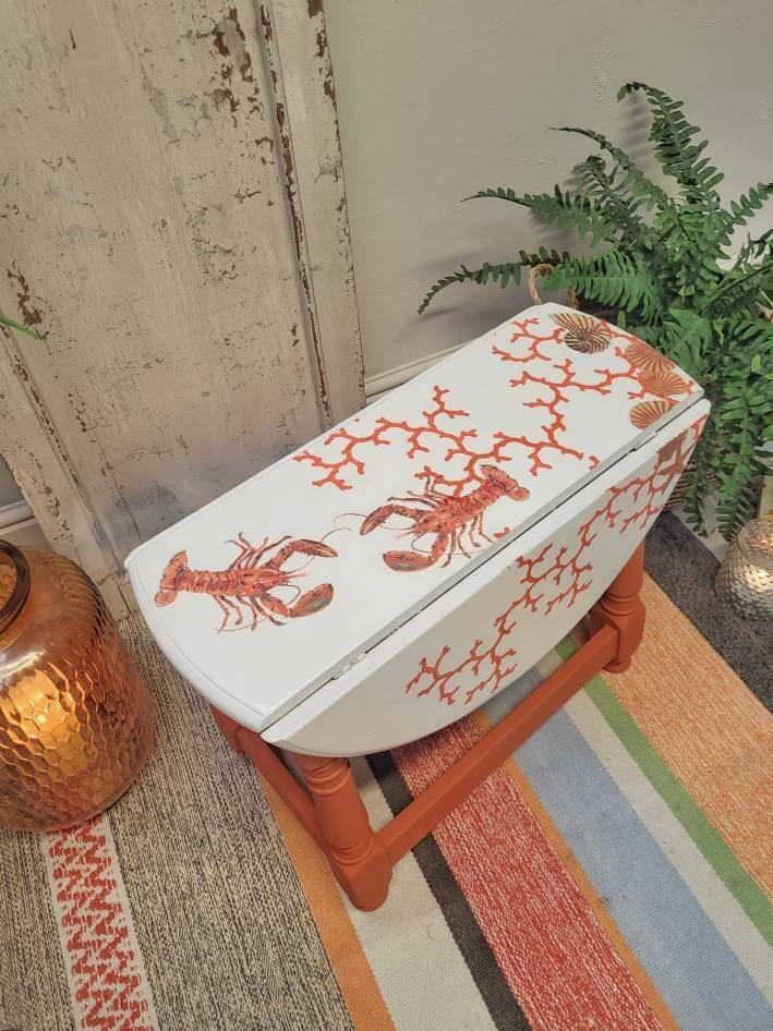Coffee Table   Occasional Table Side Table Folding Table Nautical Style Lobster Coral   Shells Orange Decoupage Design photo buy