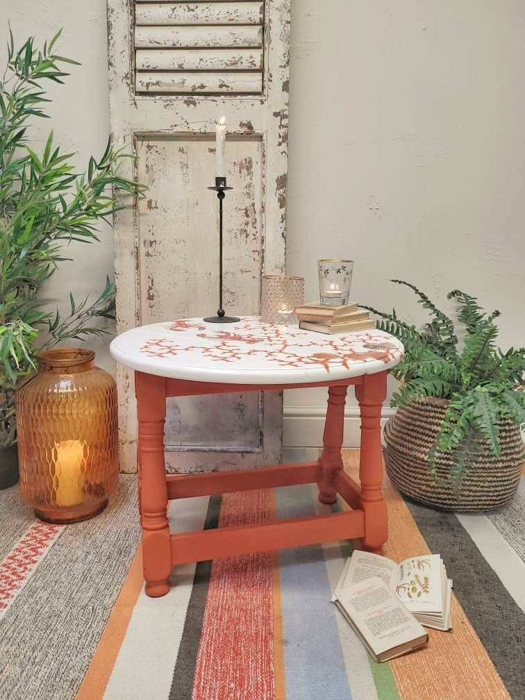 Coffee Table   Occasional Table Side Table Folding Table Nautical Style Lobster Coral   Shells Orange Decoupage Design photo vintage