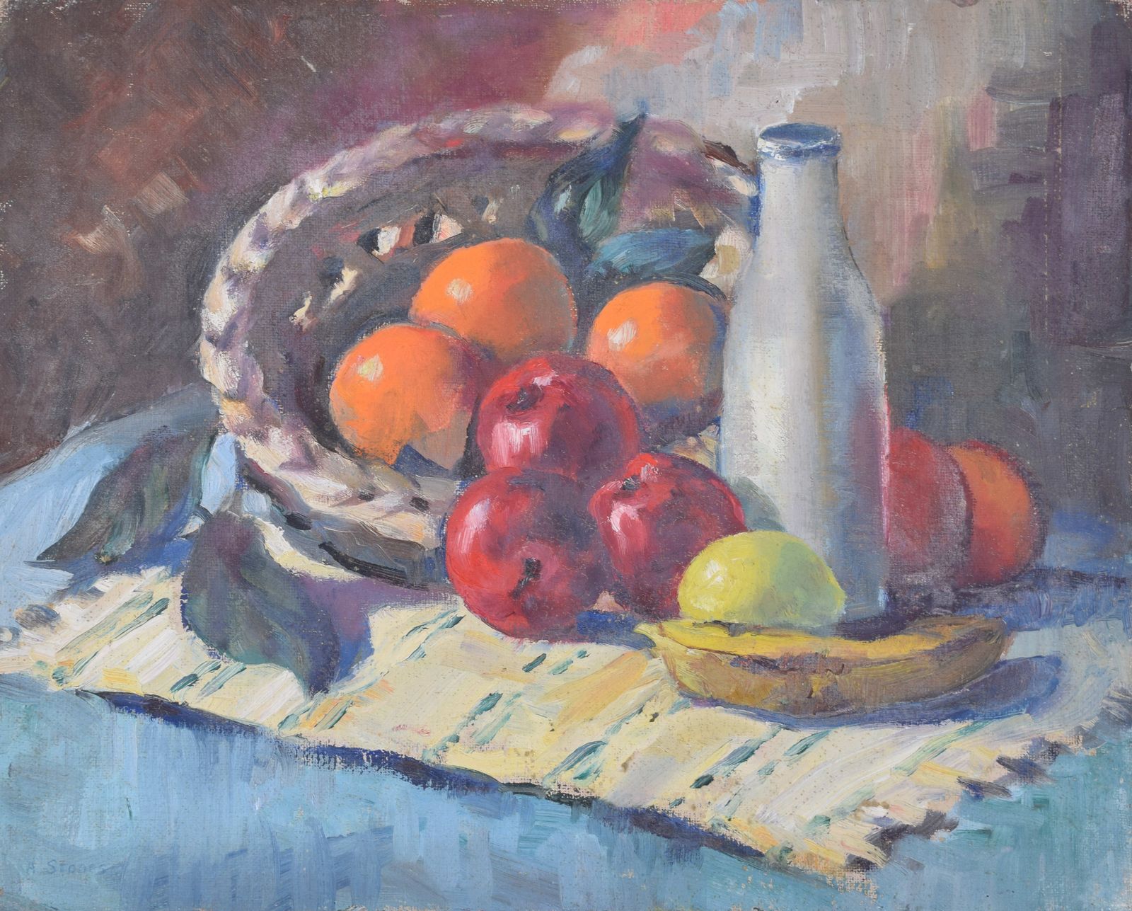 Still Life With Fruit And Milk Bottle 20th Century Oil Painting By Angela Stones
