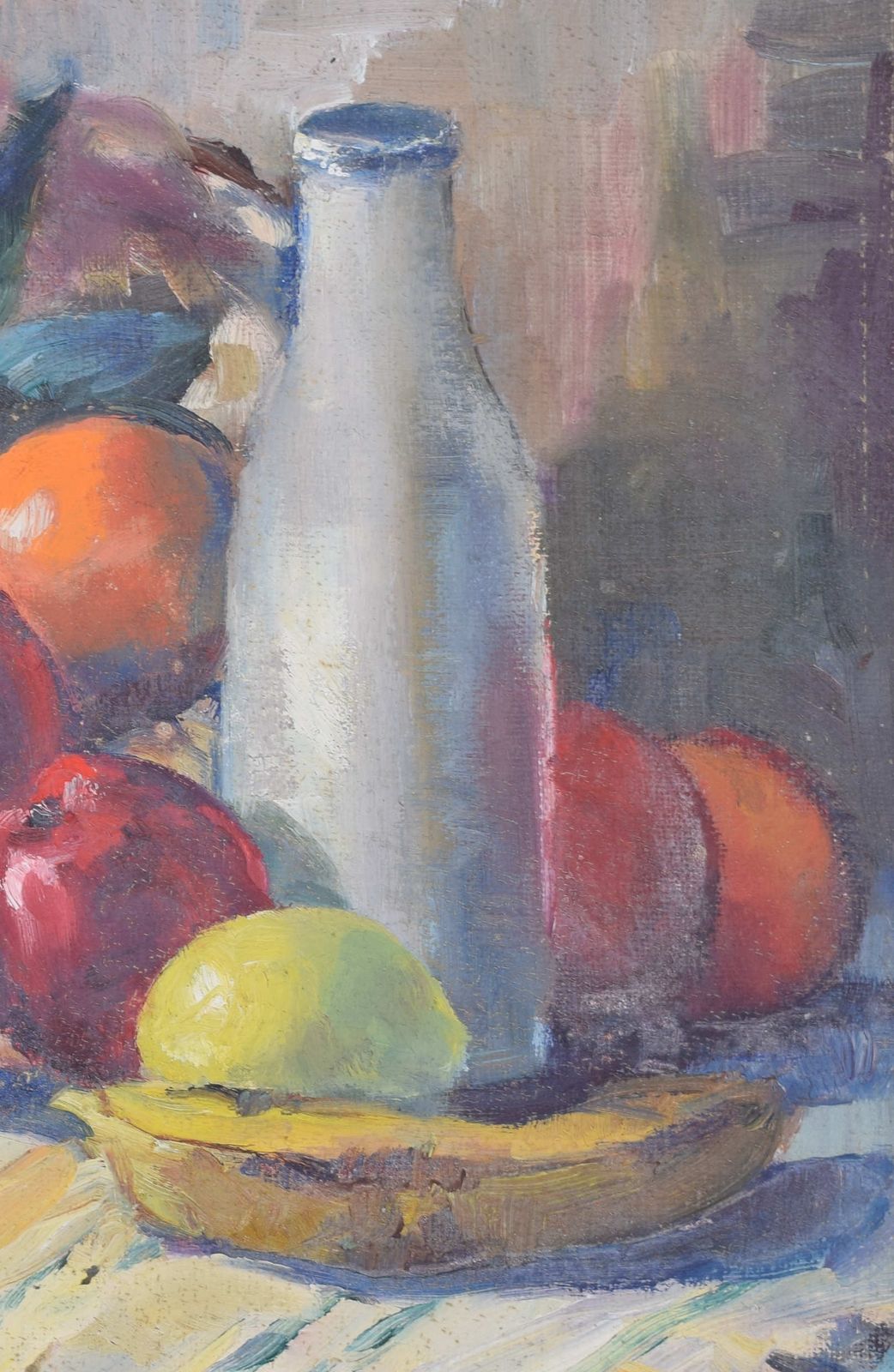 Still Life With Fruit And Milk Bottle 20th Century Oil Painting By Angela Stones photo for sale