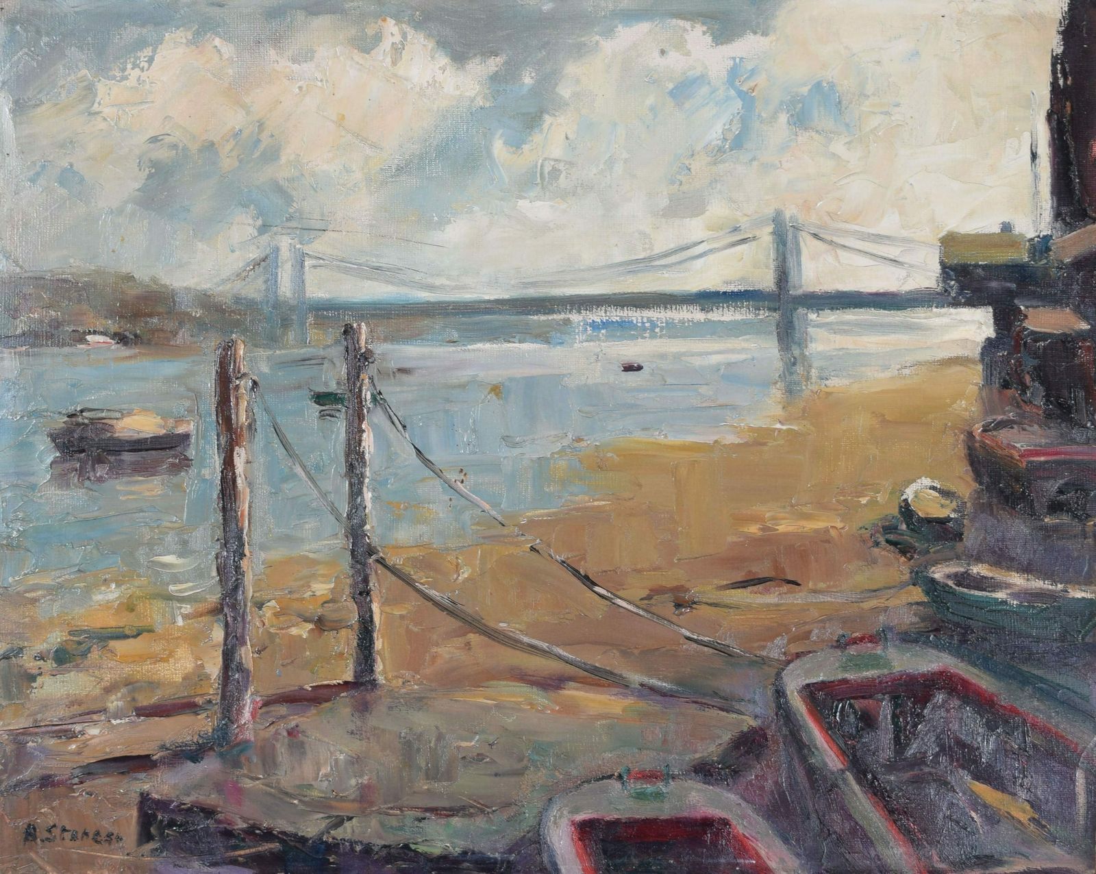 View From Battersea Bridge Mid Century Oil Painting By Angela Stones