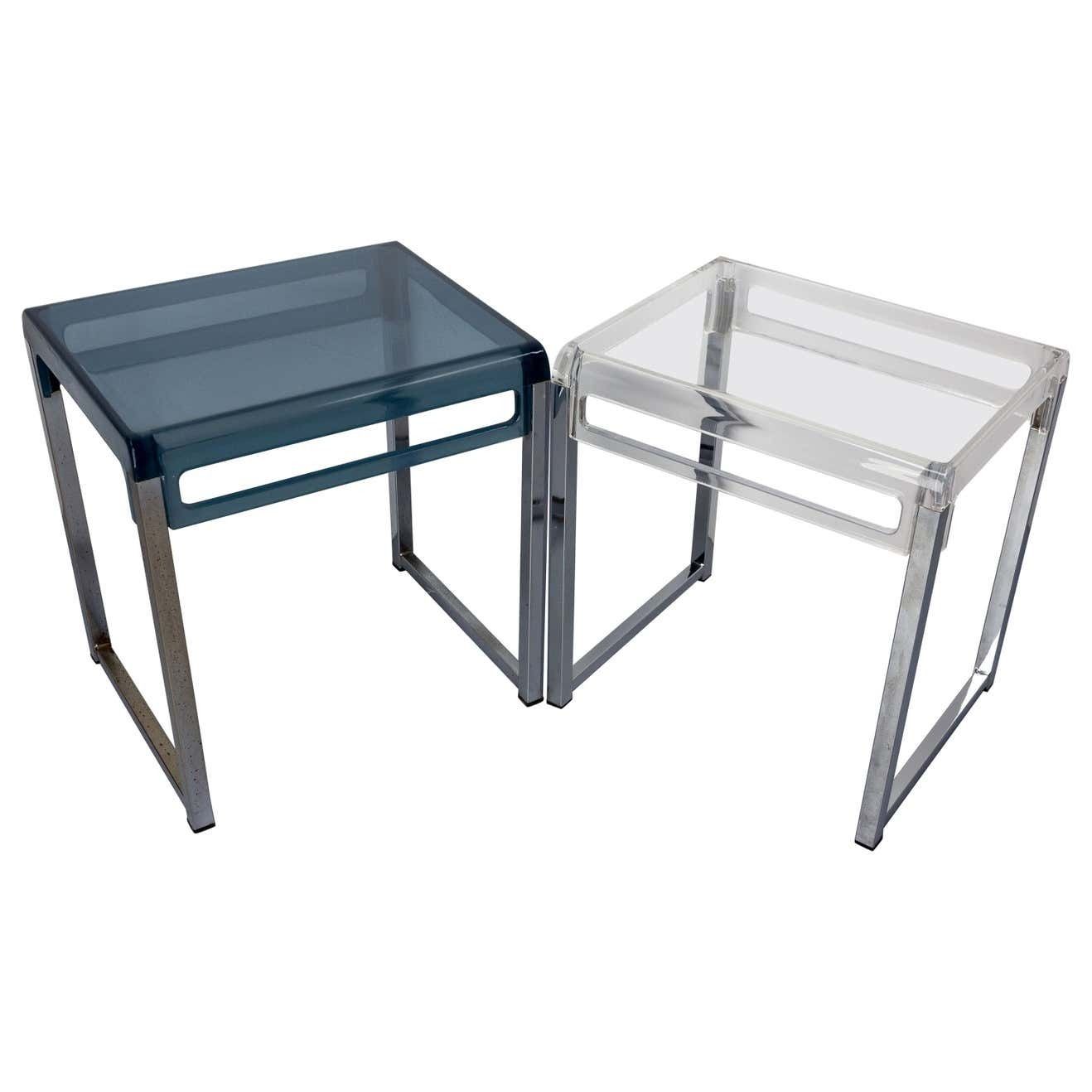 French Pair Of Polycarbonate & Chrome Coffee Table Or Nightstand Table, C. 1980