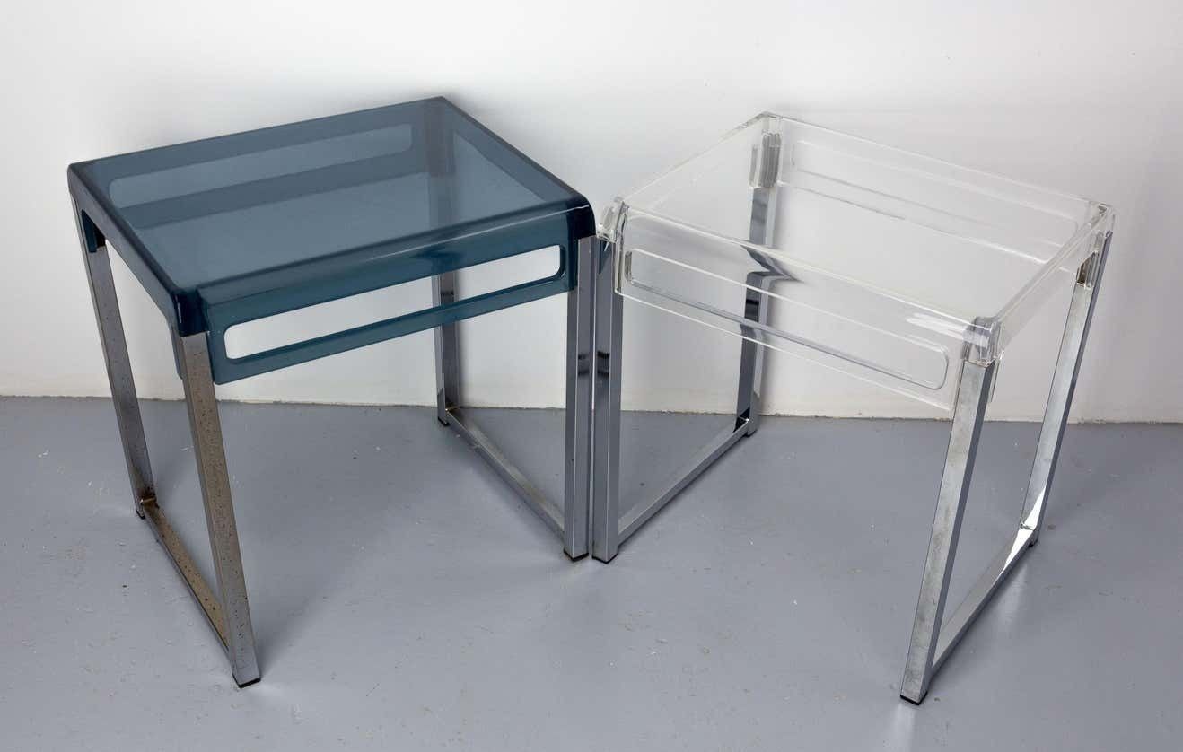 French Pair Of Polycarbonate & Chrome Coffee Table Or Nightstand Table, C. 1980 photo furniture
