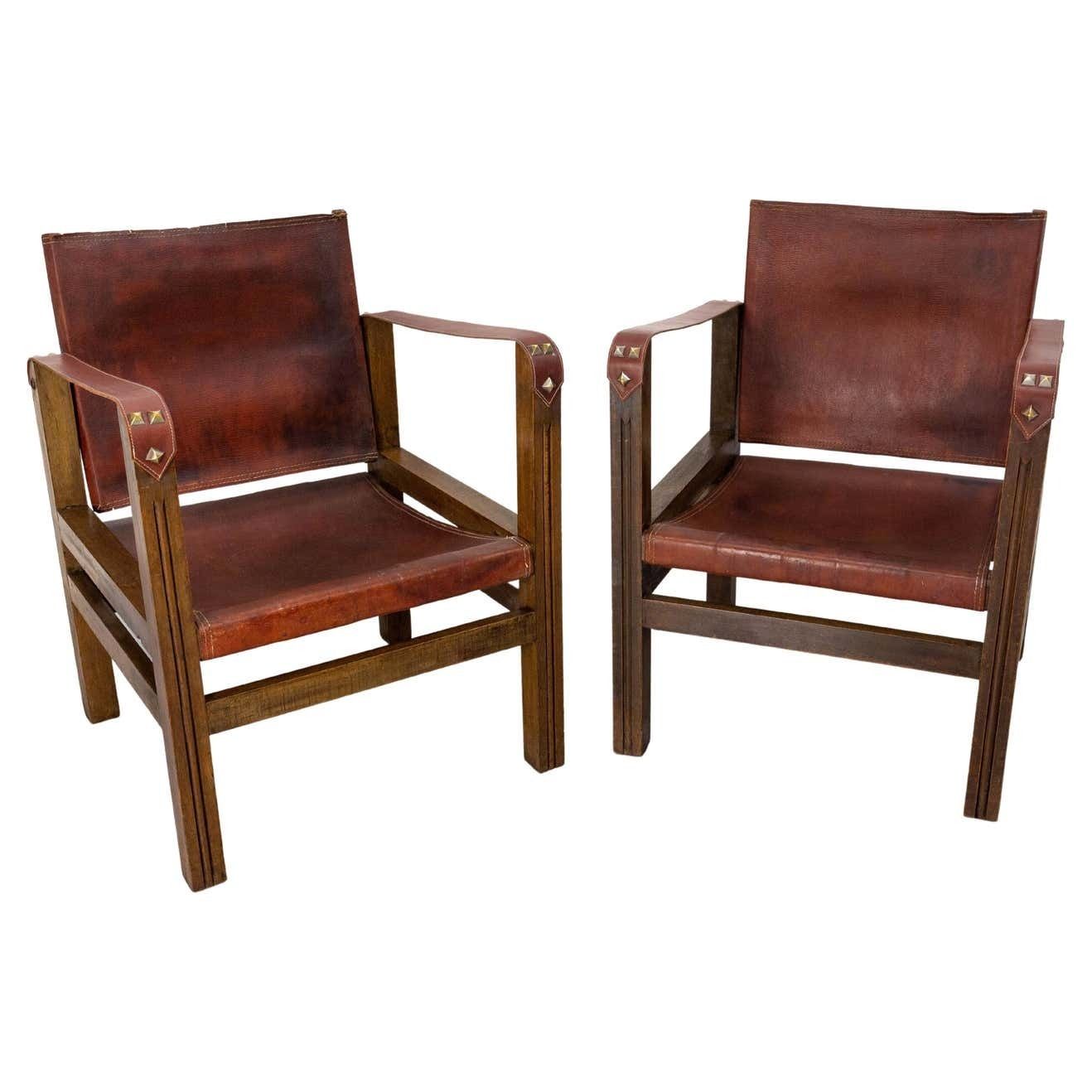 Pair Of Fauteuils Open Armchairs French Leather And Beech Safari Style, C. 1940