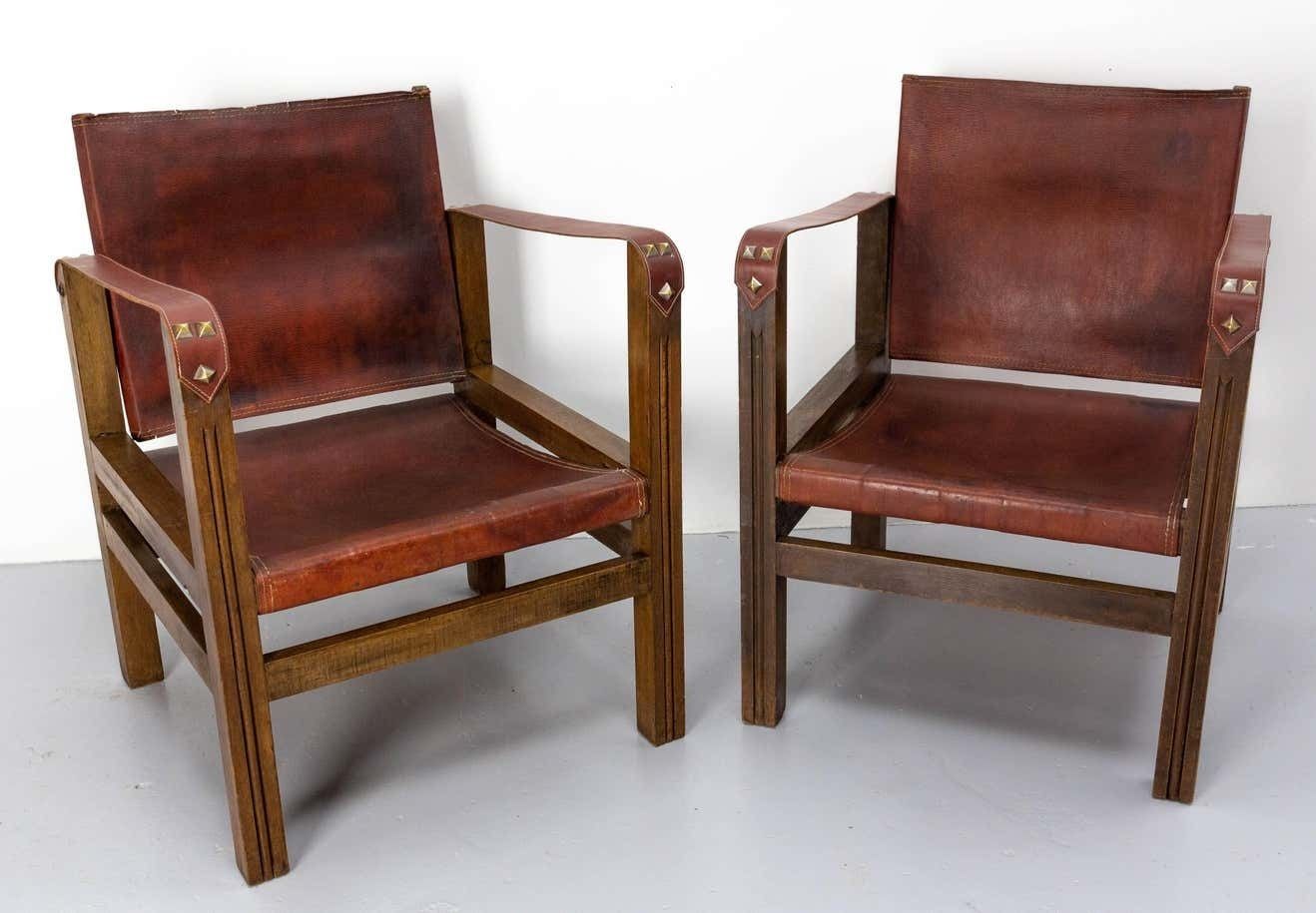 Pair Of Fauteuils Open Armchairs French Leather And Beech Safari Style, C. 1940 photo furniture
