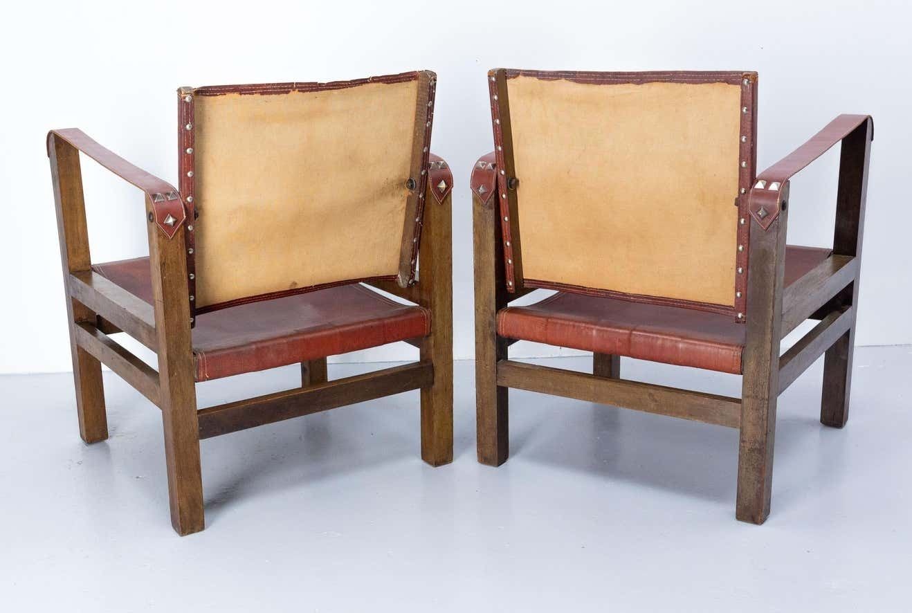 Pair Of Fauteuils Open Armchairs French Leather And Beech Safari Style, C. 1940 photo vinterior