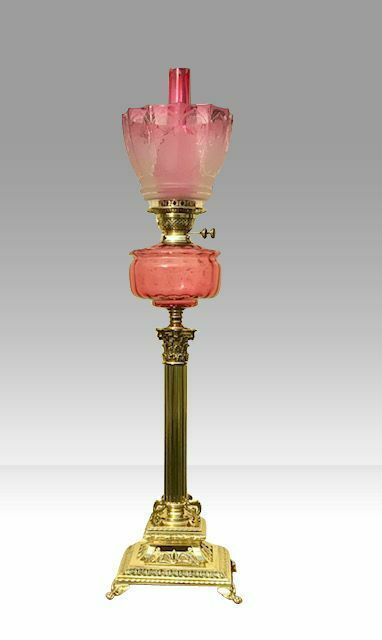 Superb Tall Antique Brass Corinthian Column Cranberry Oil Lamp photo vinterior