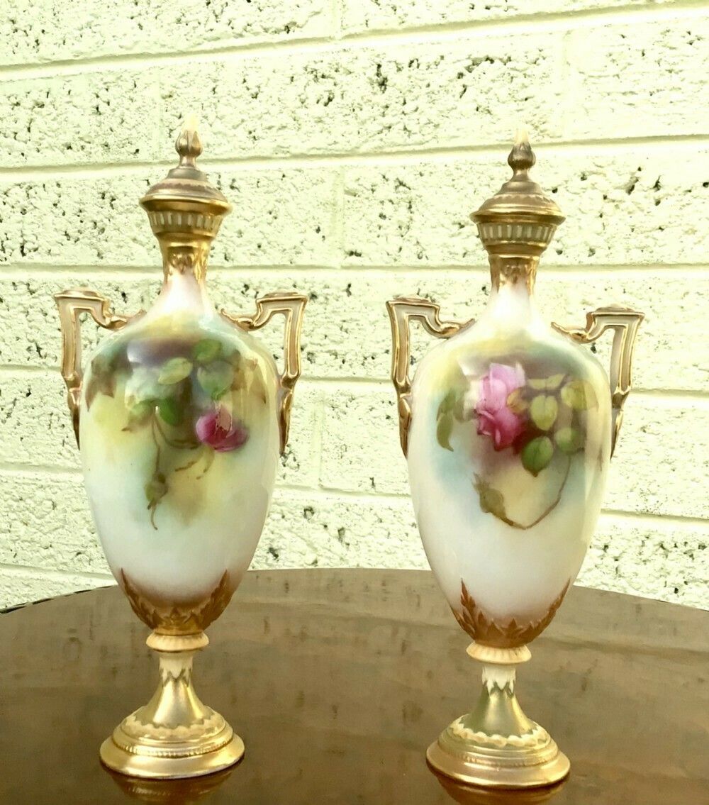 Pair Of Antique Royal Worcester Vases Painted With Roses photo furniture