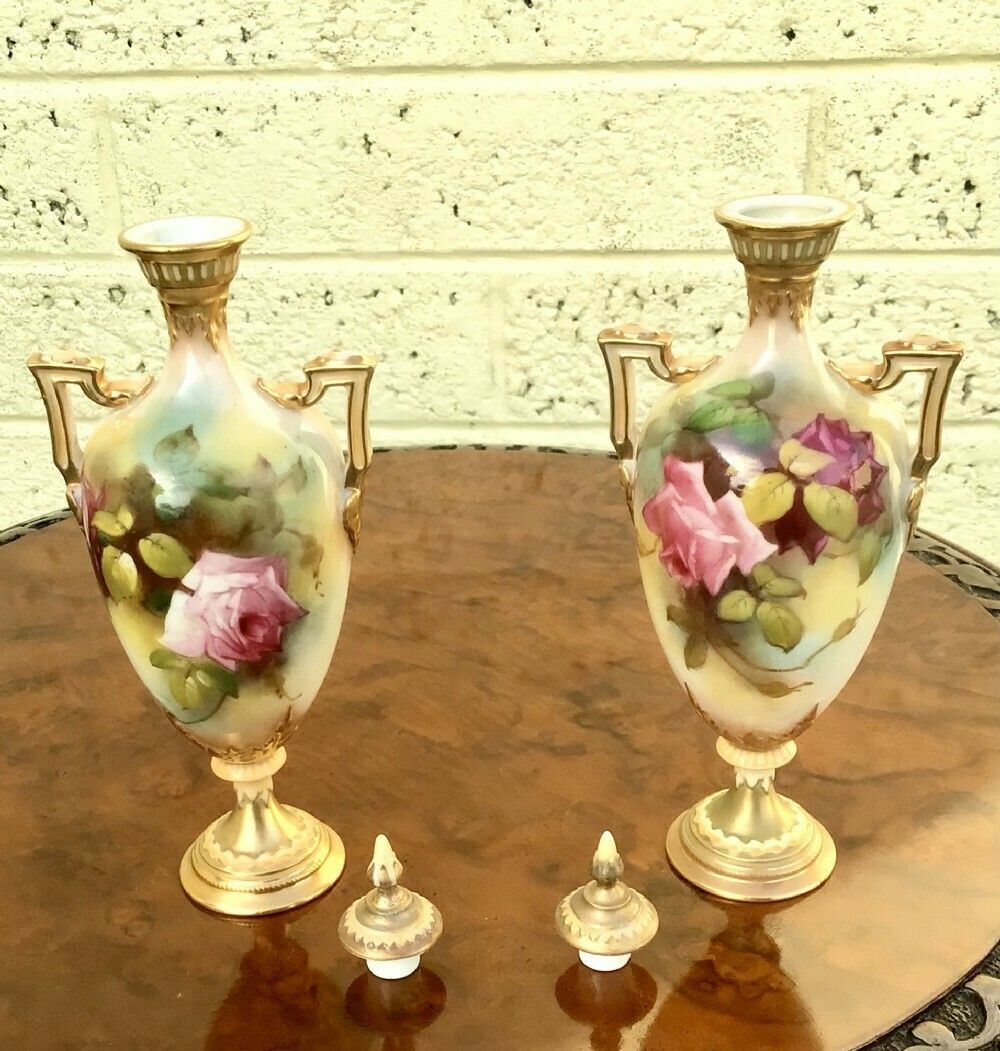 Pair Of Antique Royal Worcester Vases Painted With Roses photo for sale