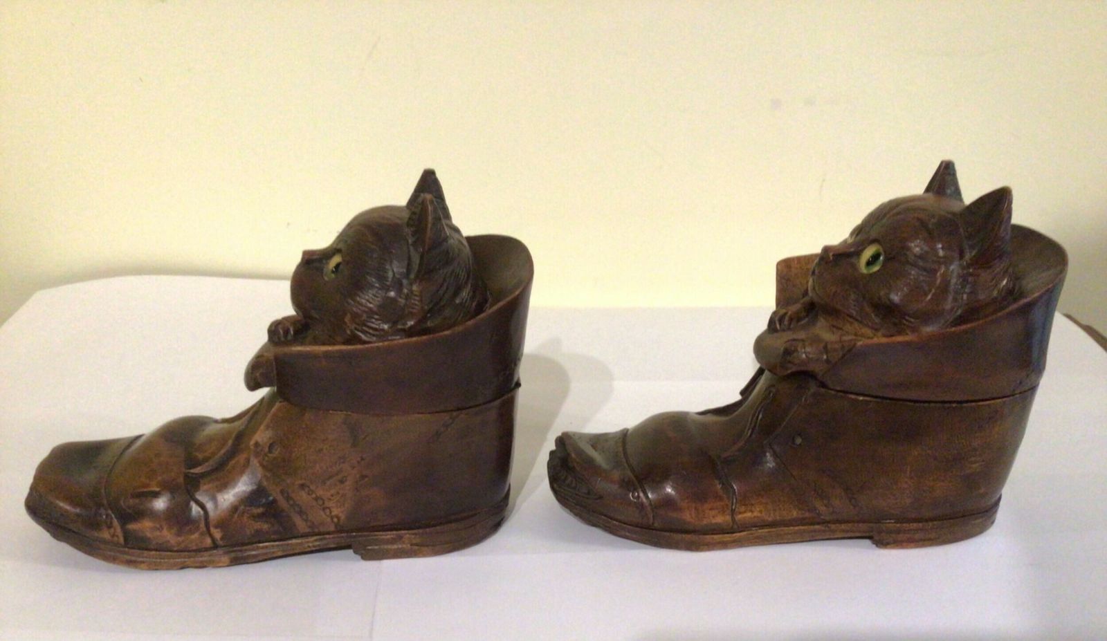 photo for sale Pair Of Antique Black Forest Cat In Boot Inkwells