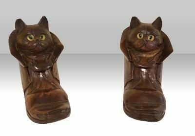 Home Decor Pair Of Antique Black Forest Cat In Boot Inkwells photo