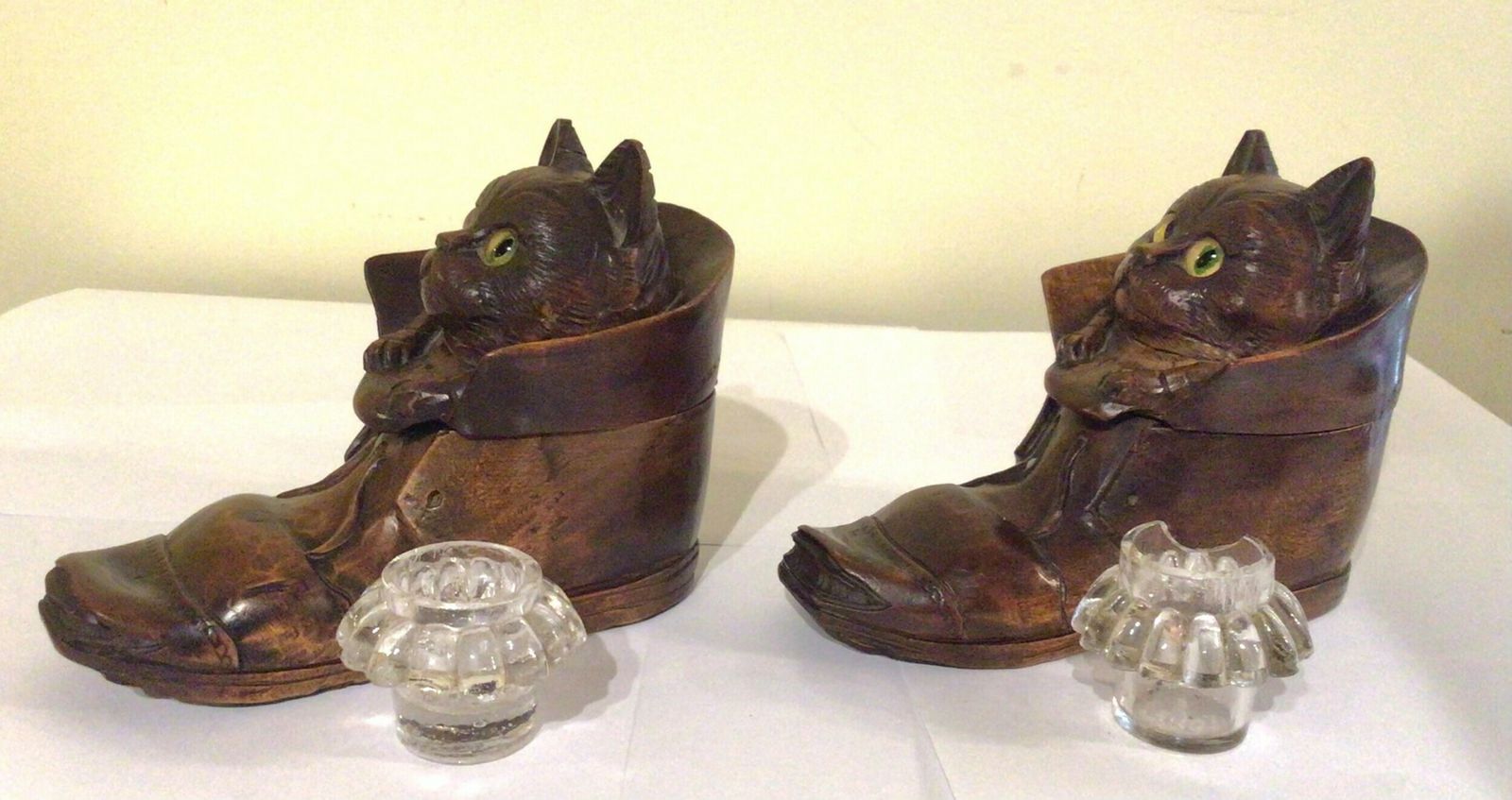 1150.0 Pair Of Antique Black Forest Cat In Boot Inkwells photo
