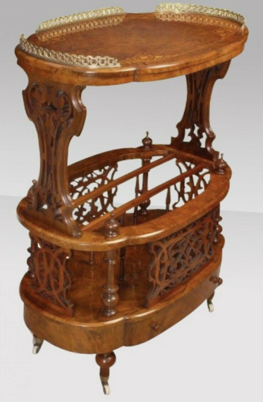 Magnificent Inlaid Burr Walnut Oval Antique Canterbury Lamp Table