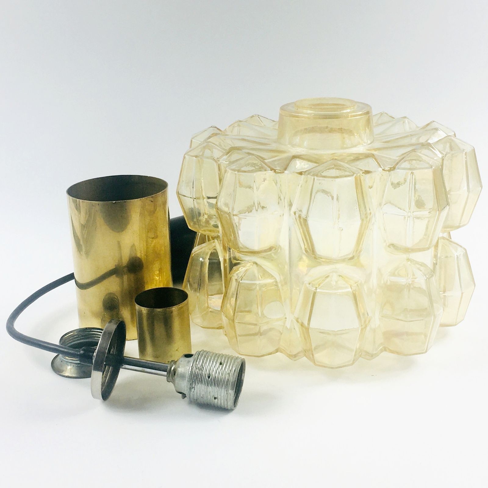 Grote Mid Century Amber Bubbelglas & Messing Plafondlamp Van Helena Tynell Voor Limburg, Duitsland, Jaren 1960 photo buy