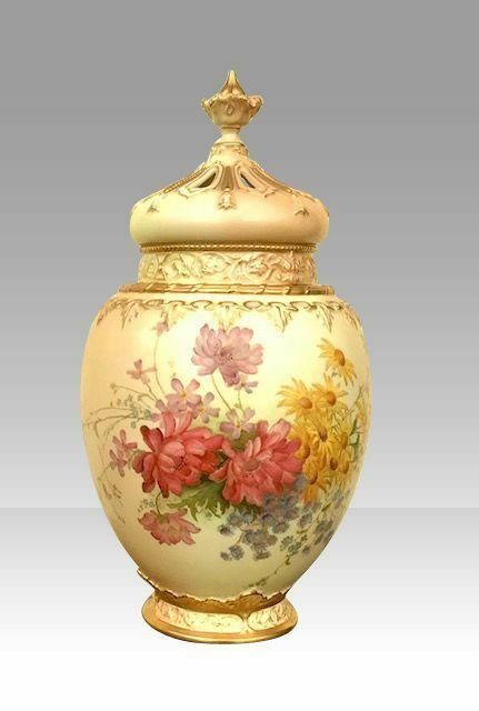 A Large Royal Worcester Blush Ivory Ground Ovoid Pot Pourri Jar Vase And Crown Cover.