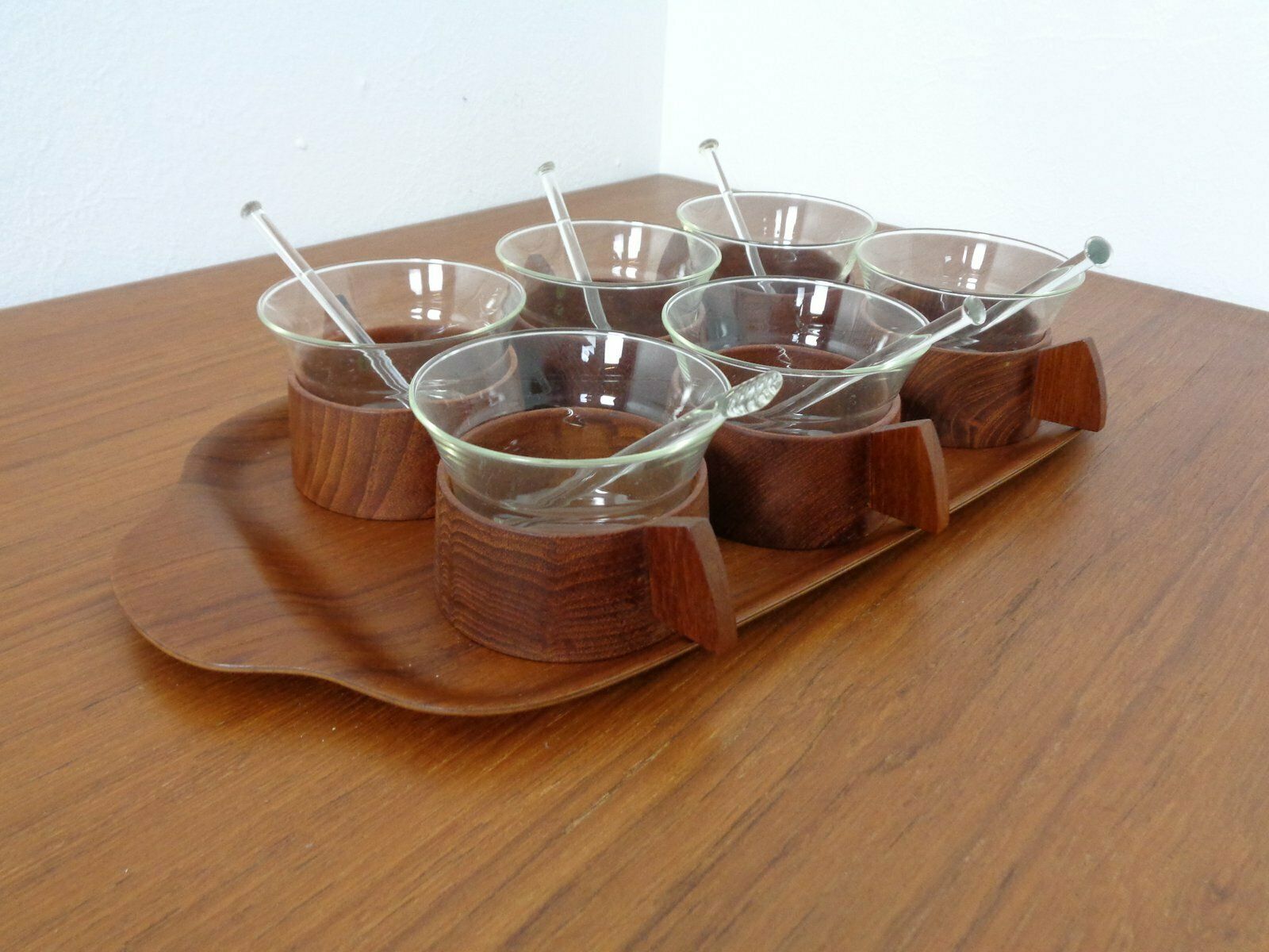 Swedish Teak Tray With Tea Cups By Jie Gantofta, 1960s, Set Of 7 photo for sale