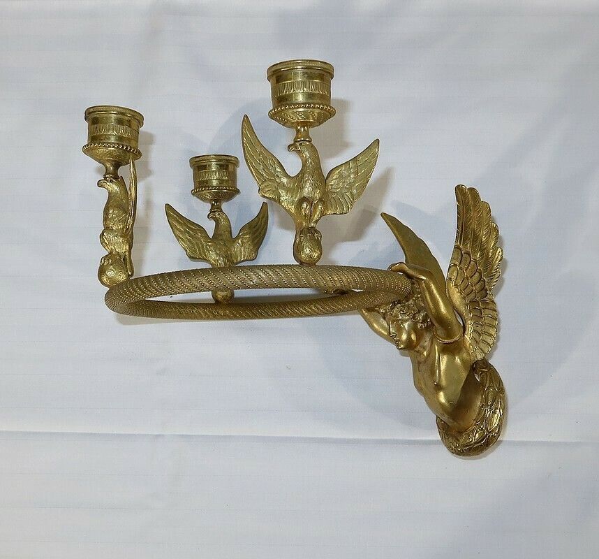 Pair Of Gilt Bronze Candle Holder Sconces, Empire   Early 19th Century photo vinterior