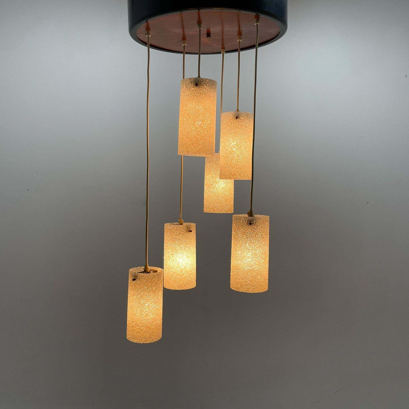 Mid Century Cascade Wood & Crushed Plastic Pendant Light, 1970''S photo Lighting
