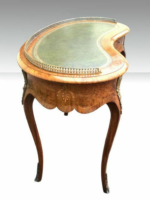Quality Inlaid Burr Walnut Ormolu Mounted Kidney Shaped Antique Desk photo vinterior