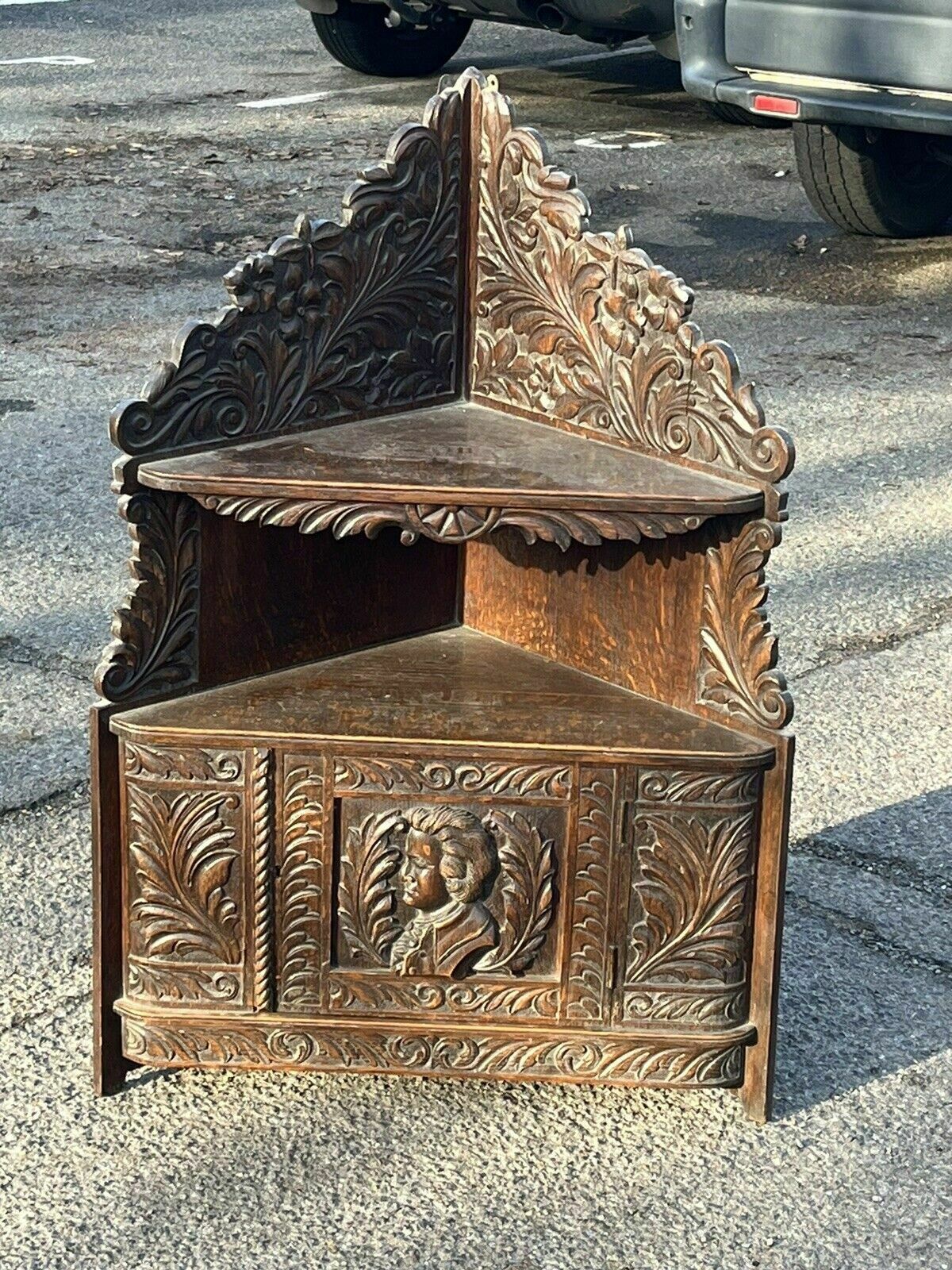 Victorian Corner Wall Cabinet, In Oak With Fine Carved Figure And Decoration. photo Furniture