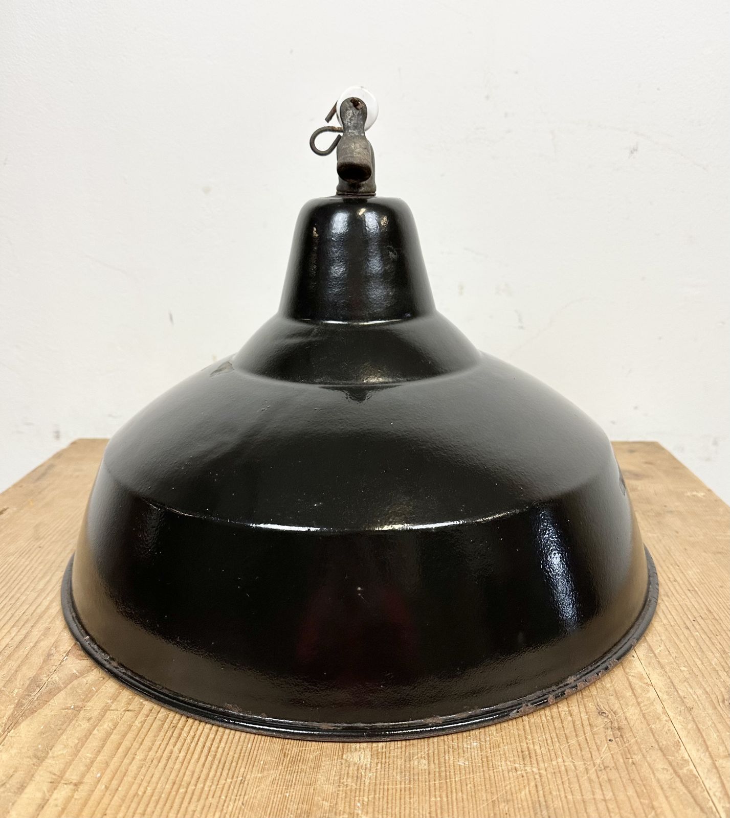 Industrial Black Enamel Factory Lamp With Cast Iron Top, 1950s photo furniture