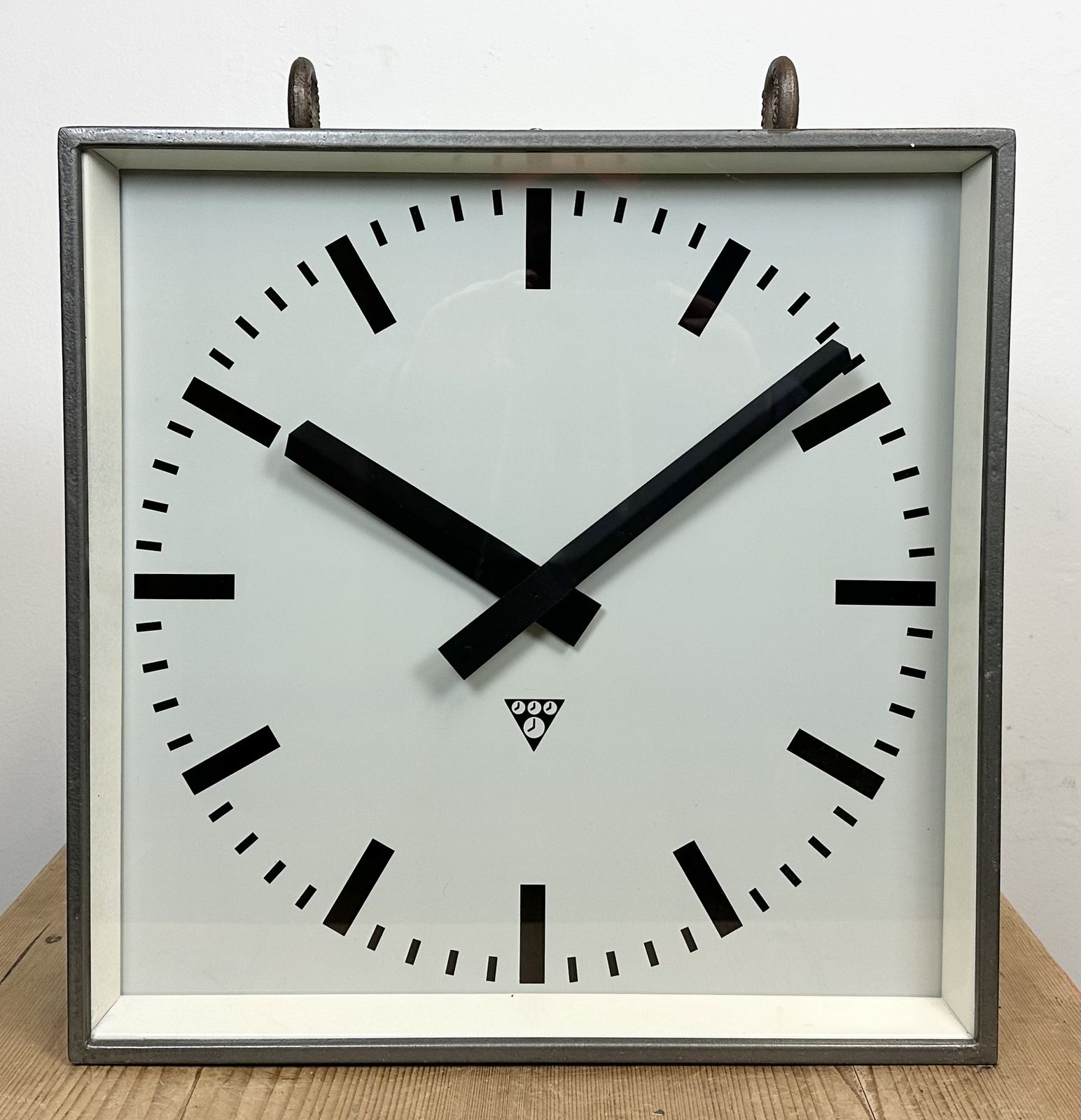 Large Square Industrial Double Sided Factory Hanging Clock From Pragotron, 1970s, 4x photo furniture