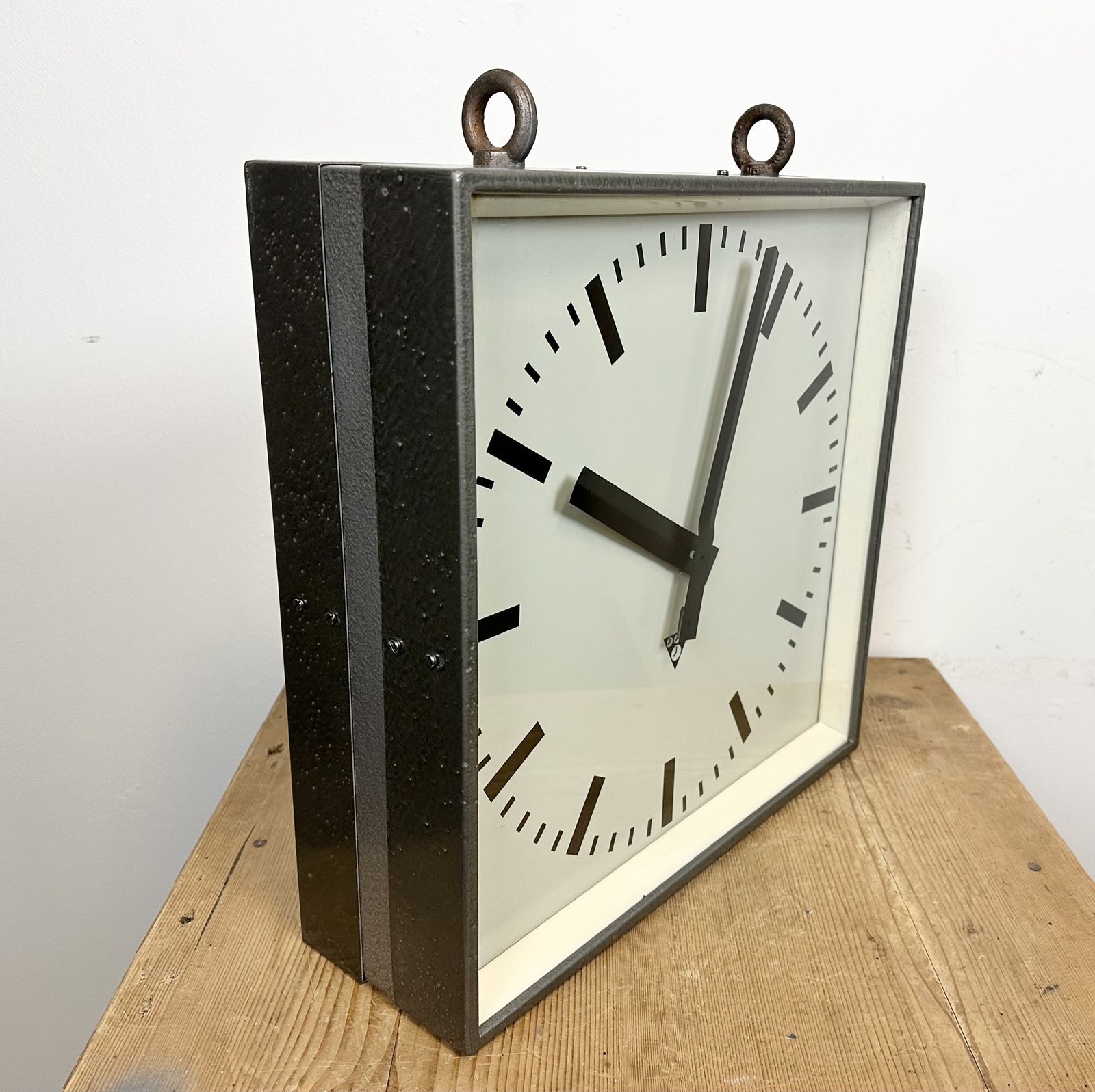 Large Square Industrial Double Sided Factory Hanging Clock From Pragotron, 1970s, 4x photo vintage