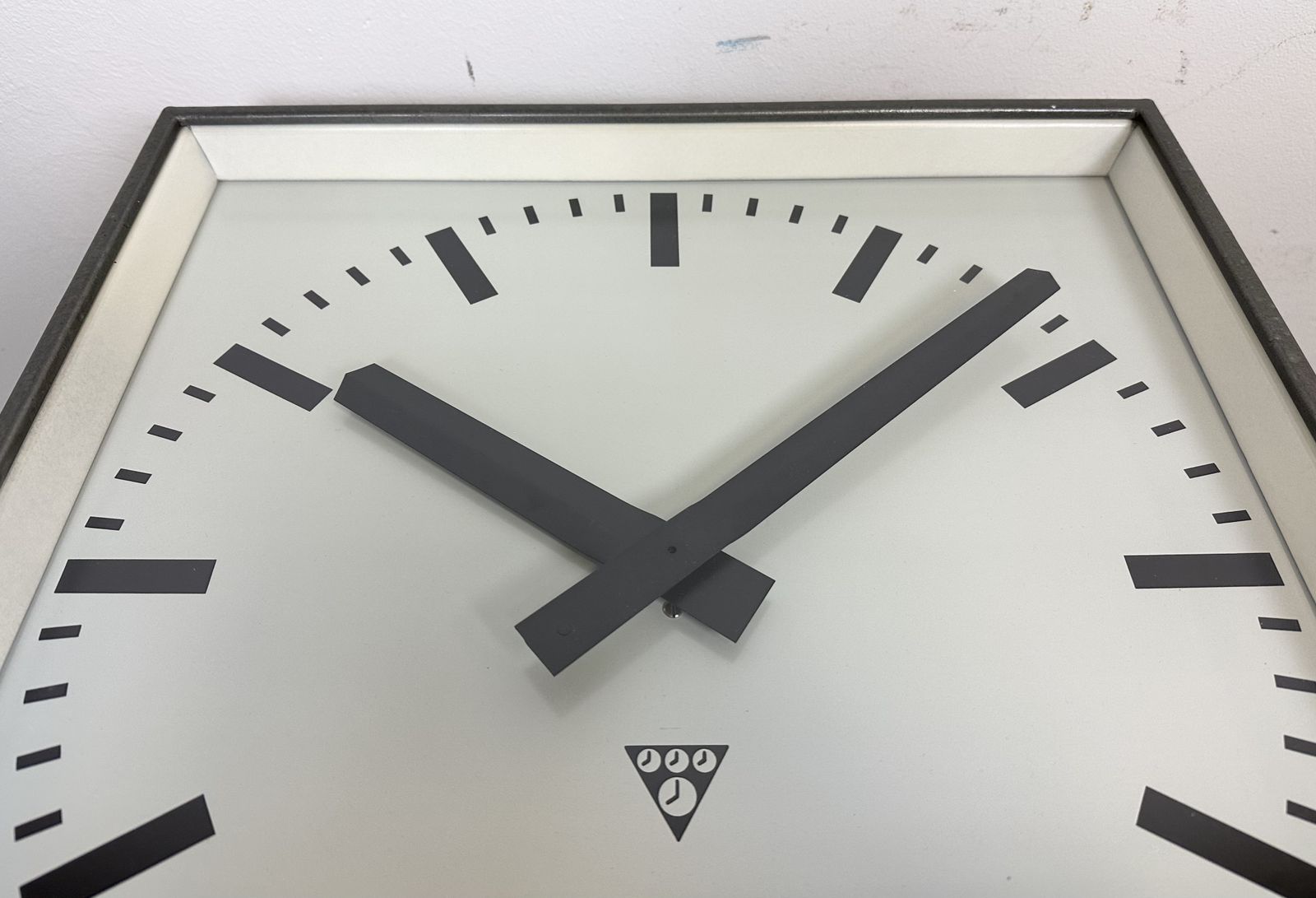 399.0 Large Square Industrial Double Sided Factory Hanging Clock From Pragotron, 1970s, 4x photo