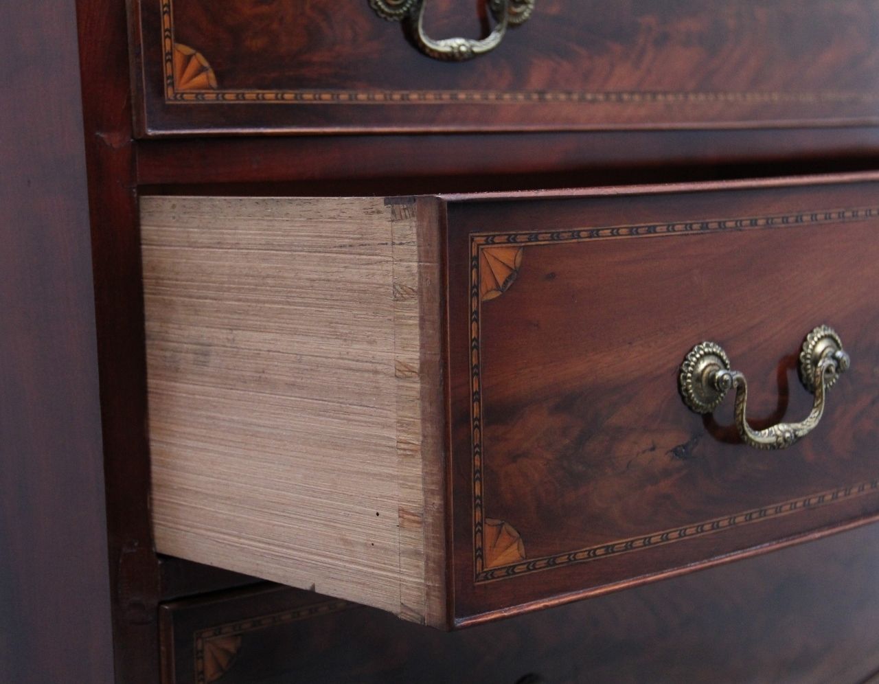 photo for sale A Highly Decorative Early 19th Century Flame Mahogany And Inlaid Bowfront Chest Of Drawers