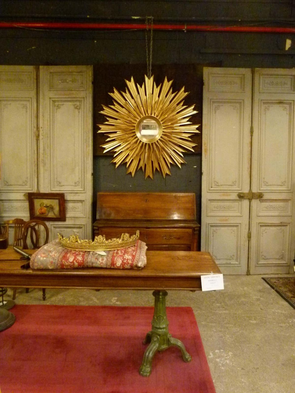 Large Mid Century Three Layered Gold Wood Sunburst Wall Mirror. photo furniture