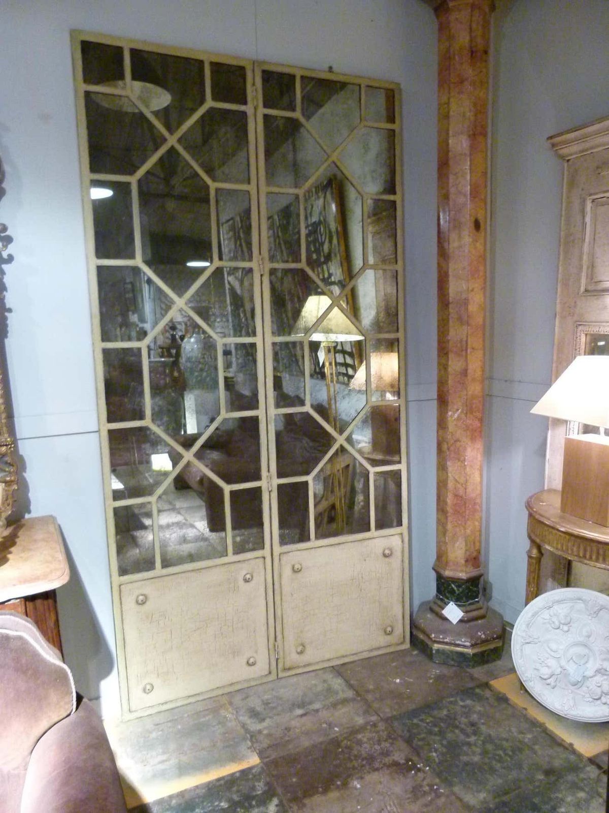 20th Century French White Iron Mirror Fourfold Door photo for sale