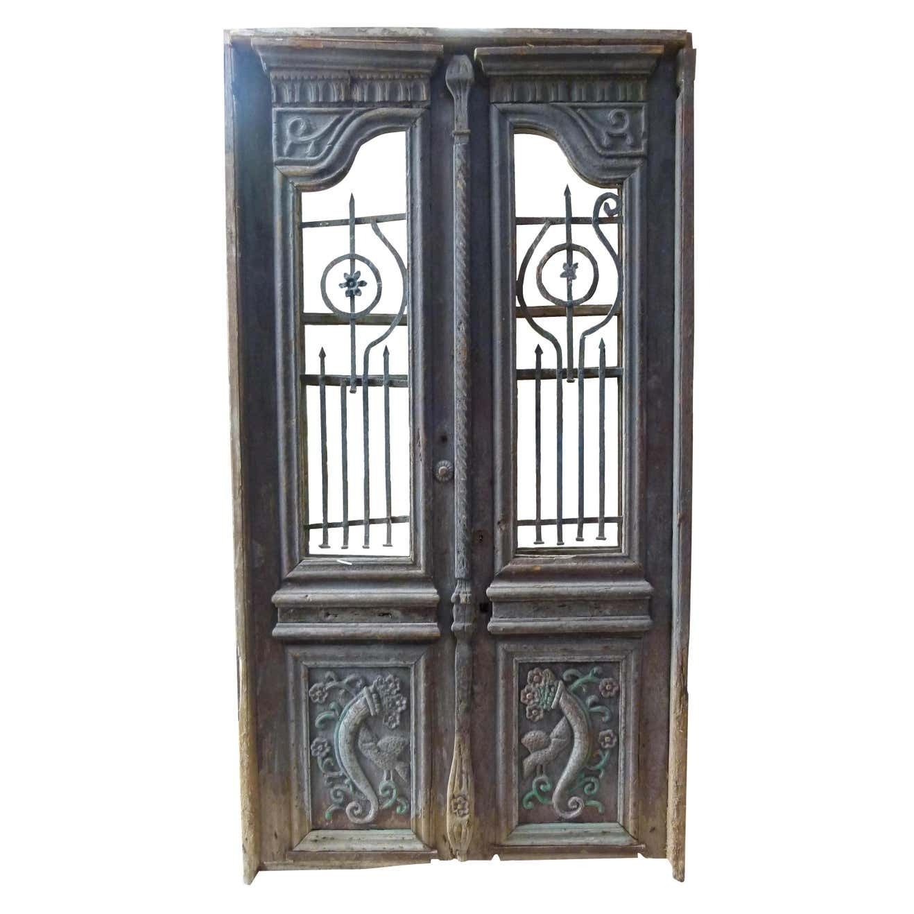 19th Century Wooden Double Front Door In Art Nouveau Style, Spain