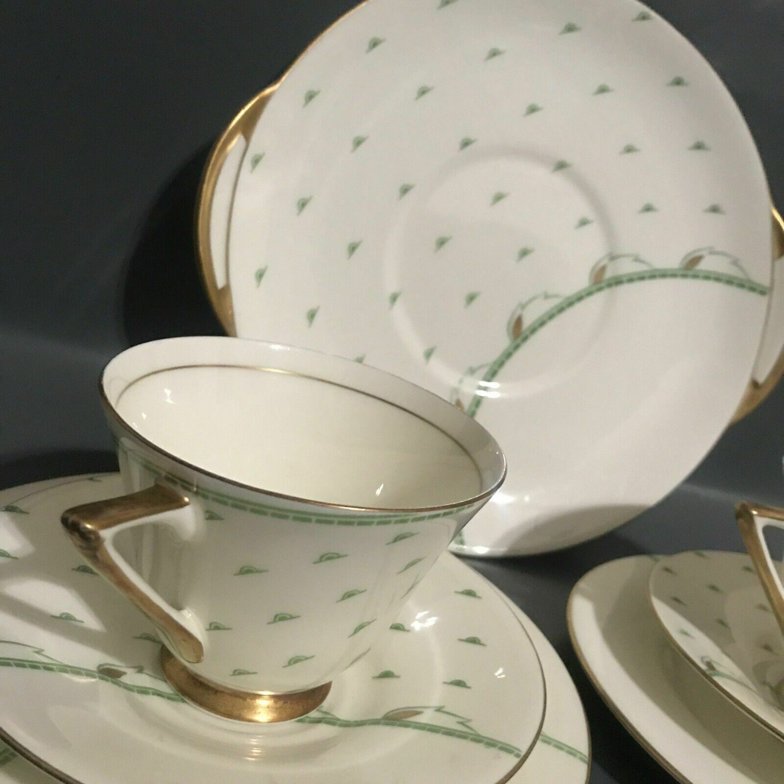 2x Royal Doulton Art Deco Yvonne Tea Trio Plate 1930s China + Plate English photo Home Decor