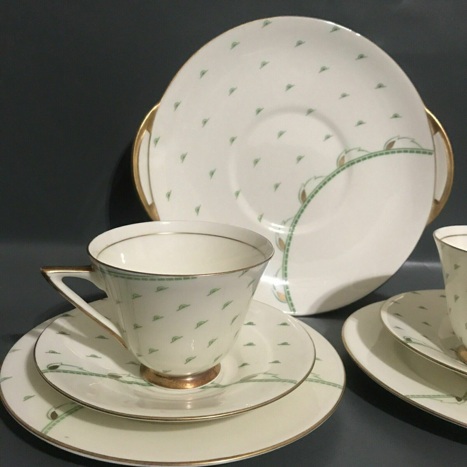2x Royal Doulton Art Deco Yvonne Tea Trio Plate 1930s China + Plate English photo vintage