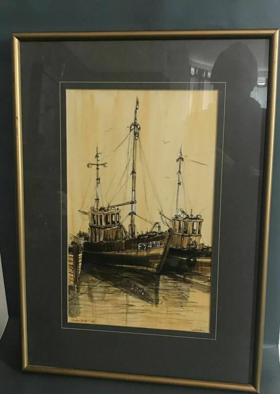 Joe Spark B.1896  1974 Ink Watercolour Waiting For The Tide Original Painting