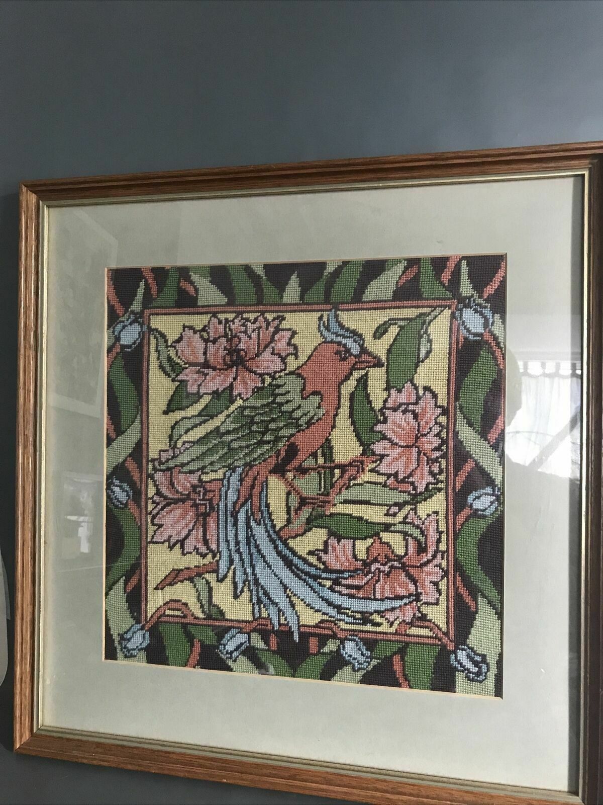 Vintage Framed Bird Floral Crewel Tapestry Arts & Crafts Picture Nouveau 70s/80s photo furniture