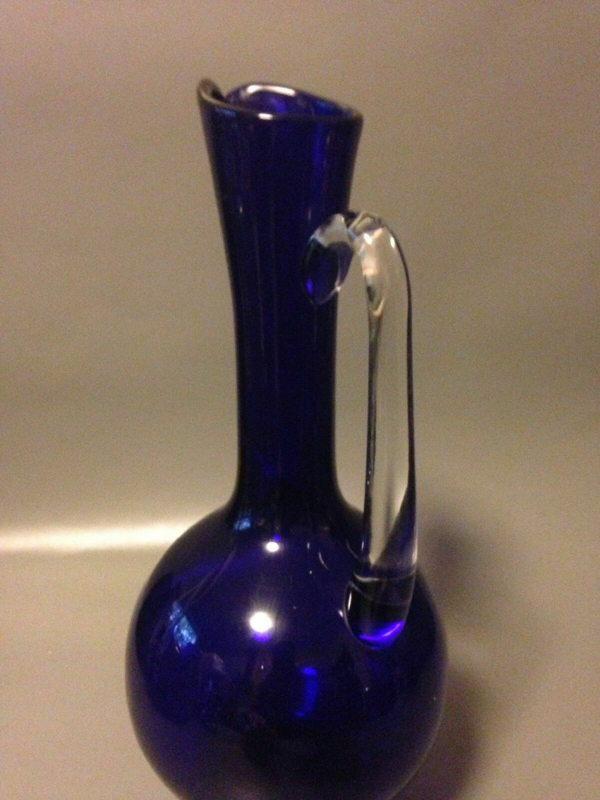 Mid Century Cobalt Blue Art Glass Carafe Water Jug Decanter Applied Handle photo vintage
