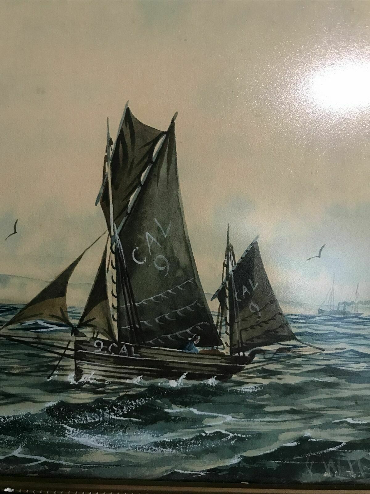 F W Ridley Antique Watercolour Gouache Painting Sailing Nautical Theme Boats photo furniture