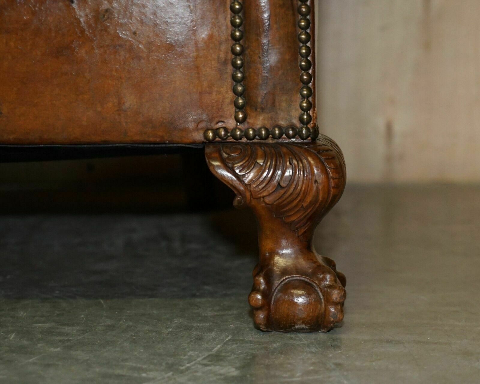 2750.0 Antique Circa 1880 Hand Carved Claw & Ball Feet Brown Leather Club Tub Armchair photo