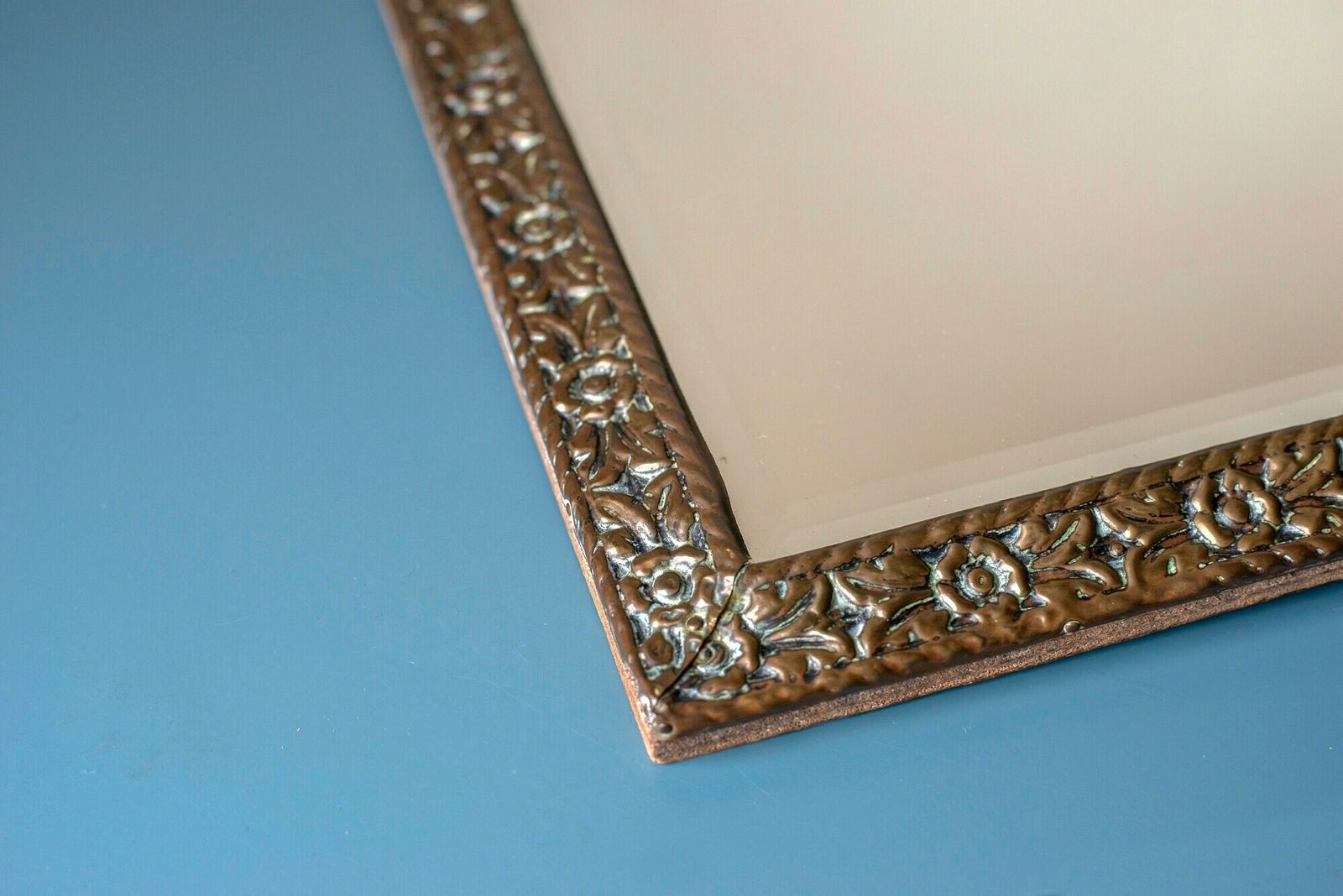 Old Ornate Mirror With Beveled Glass, Antique Dutch Scene Wall Mirror, Decorative Hand Carved Copper Mirror, Brass Wall Hanging photo vintage